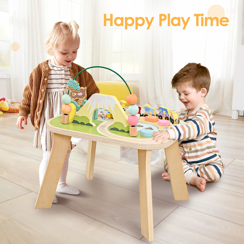OATHX Toy Bead Maze Train Track Toddler Activity Table Wood Montessori Baby Sensory Learn Toy Child 1-5 Year