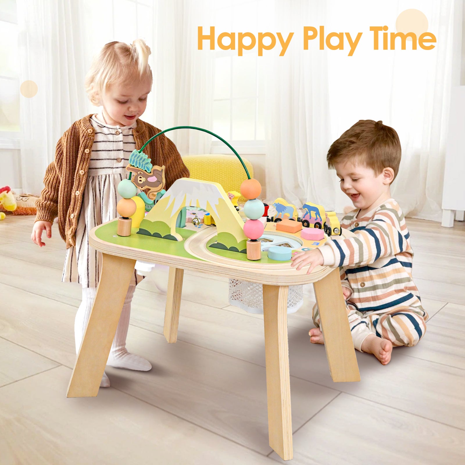 OATHX Toy Bead Maze Train Track Toddler Activity Table Wood Montessori Baby Sensory Learn Toy Child 1-5 Year