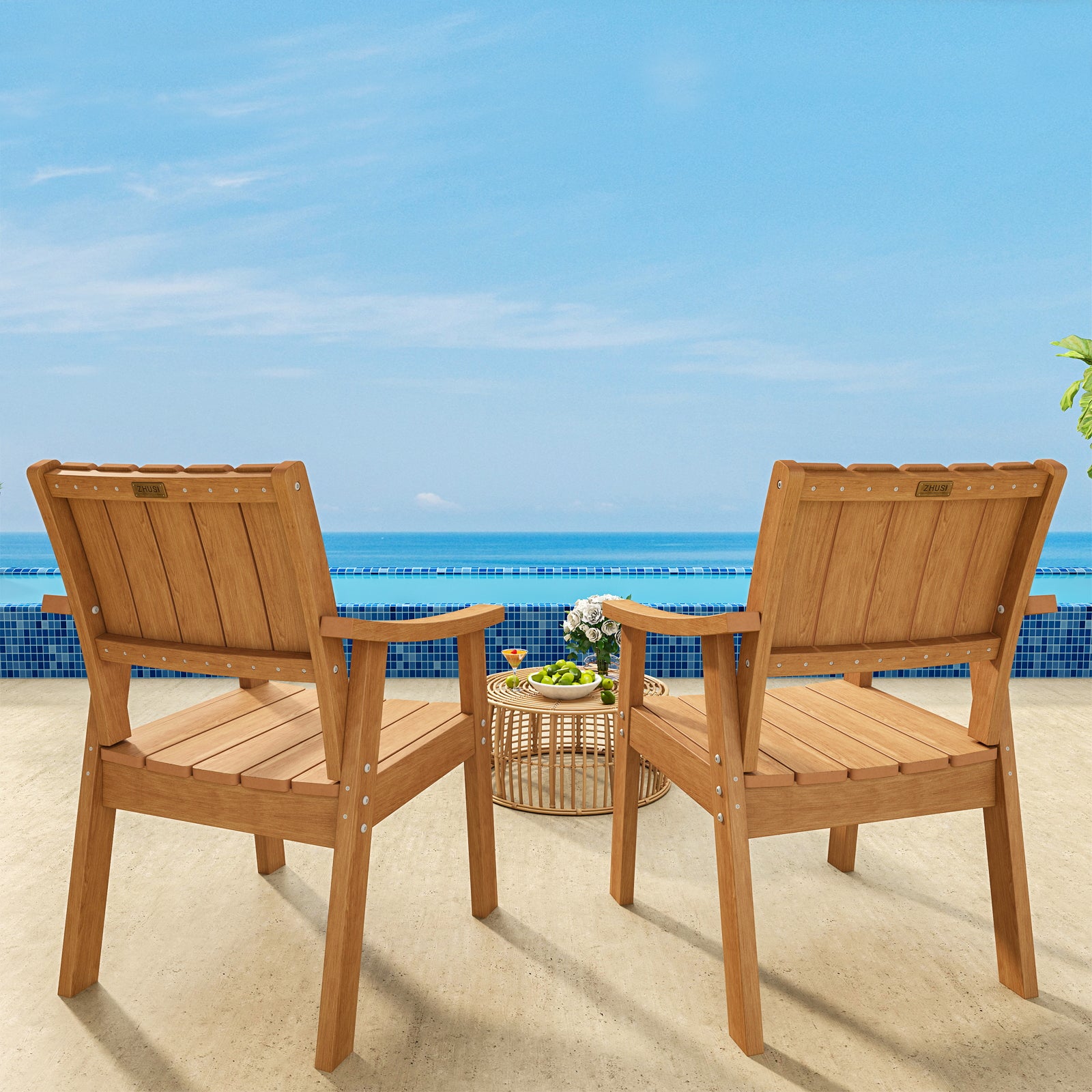Wingyz Outdoor Armchair Set of 2 Plastic Dining Chairs Outdoor Restaurant Patio Chairs, Wood Color