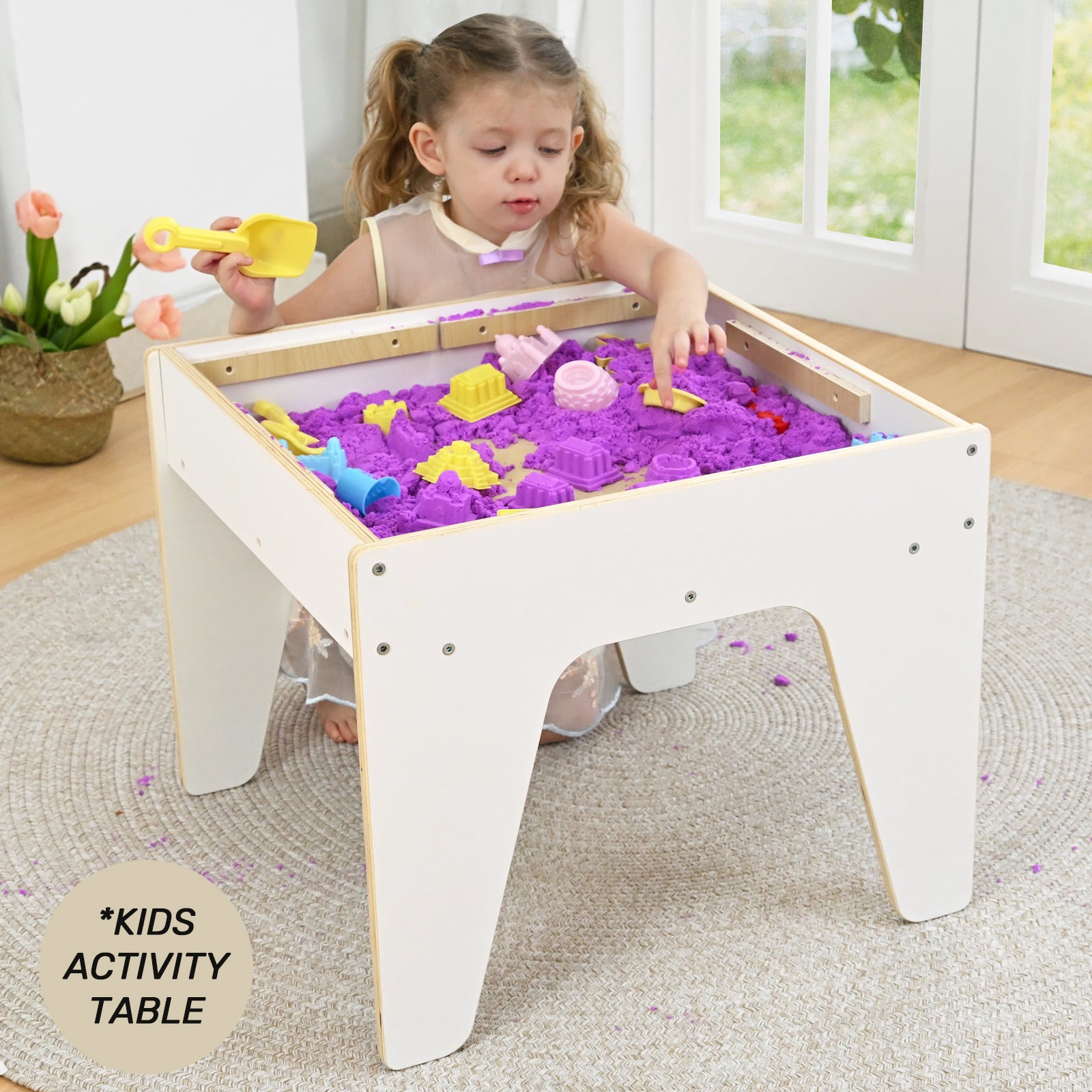 Sweet Time Kids Activity Table with Bricks Plate Wooden Storage Sensory Tables Art Desk for Toddlers