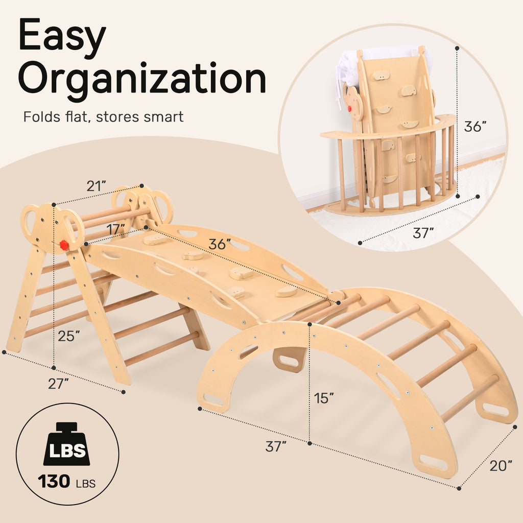 Sweet Time Pikler Triangle Set with Cushion, 8 in 1 Wooden Montessori Climbing Toys, Foldable Indoor Playground Jungle Gym Playsets for Toddler, Baby, Kid