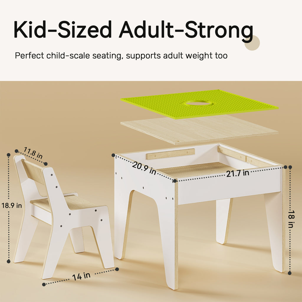 Sweet Time Kids Table and Chair Set, Reversible Wooden Activity Table with Board and Building Bricks Tabletop, 3 in 1 Wooden Toddlers Tables for Arts, Crafts