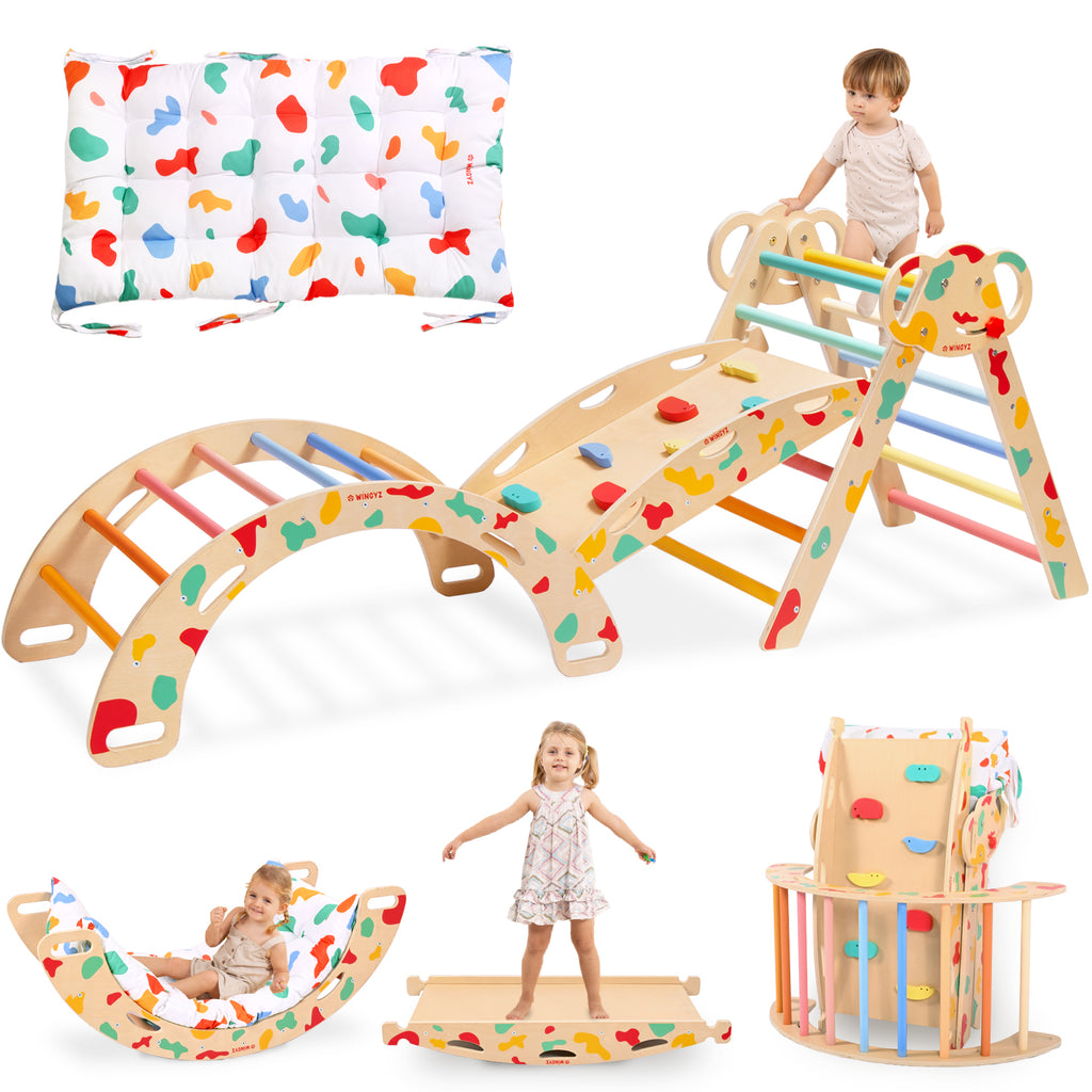 Sweet Time Pikler Triangle Set with Cushion, 8 in 1 Wooden Montessori Climbing Toys, Foldable Indoor Playground Jungle Gym Playsets for Toddler, Baby, Kid
