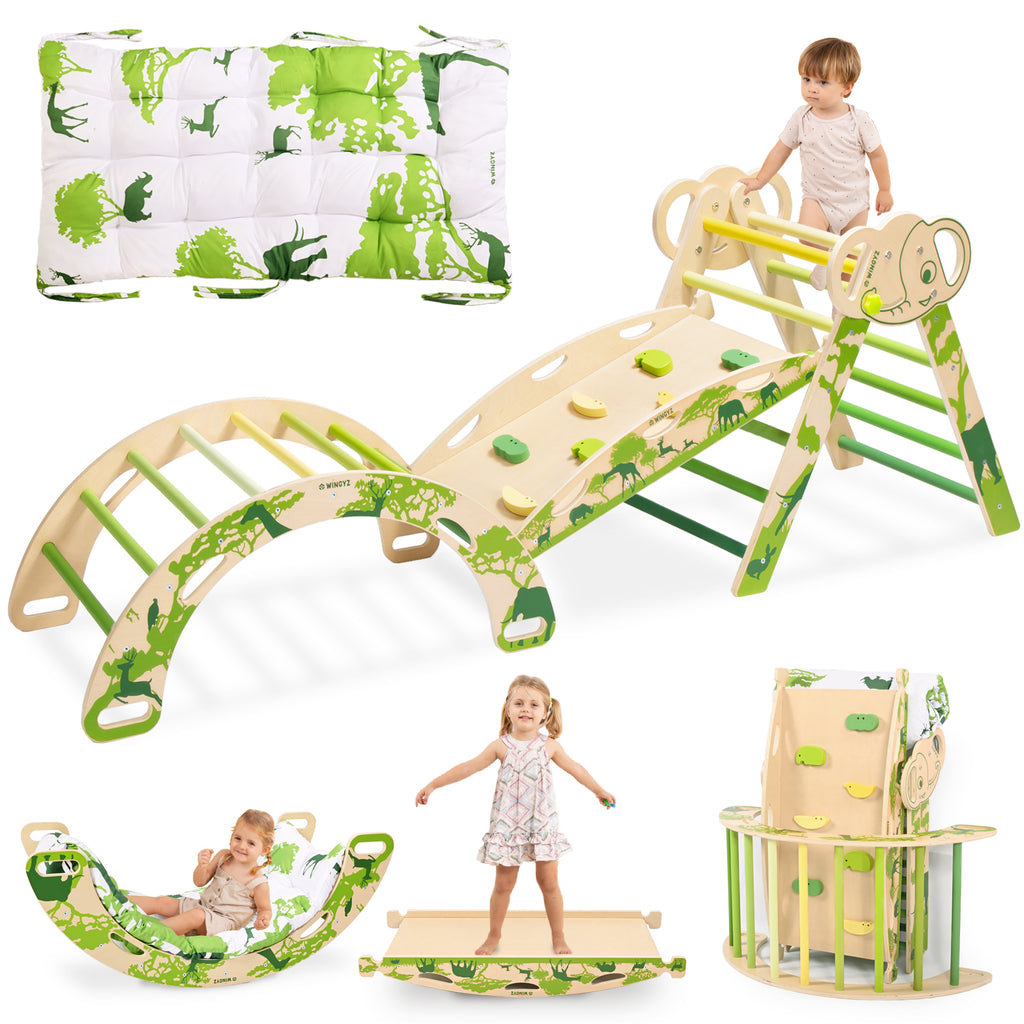 Sweet Time Pikler Triangle Set with Cushion, 8 in 1 Wooden Montessori Climbing Toys, Foldable Indoor Playground Jungle Gym Playsets for Toddler, Baby, Kid