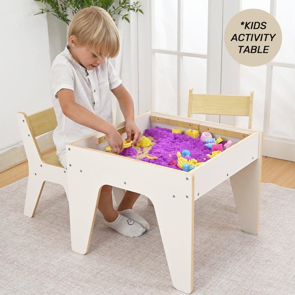 Sweet Time Kids Table and Chair Set, Reversible Wooden Activity Table with Board and Building Bricks Tabletop, 3 in 1 Wooden Toddlers Tables for Arts, Crafts