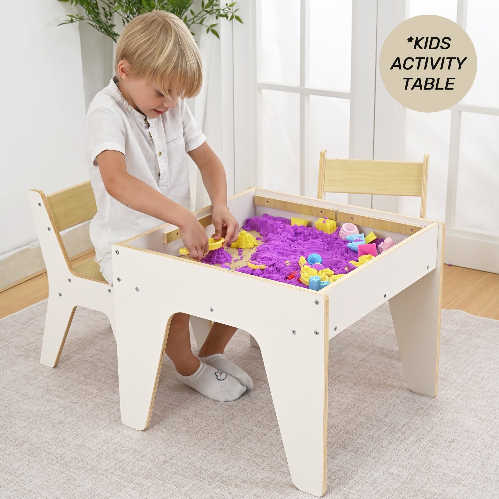Sweet Time Kids Table and Chair Set, Reversible Wooden Activity Table with Board and Building Bricks Tabletop, 3 in 1 Wooden Toddlers Tables for Arts, Crafts