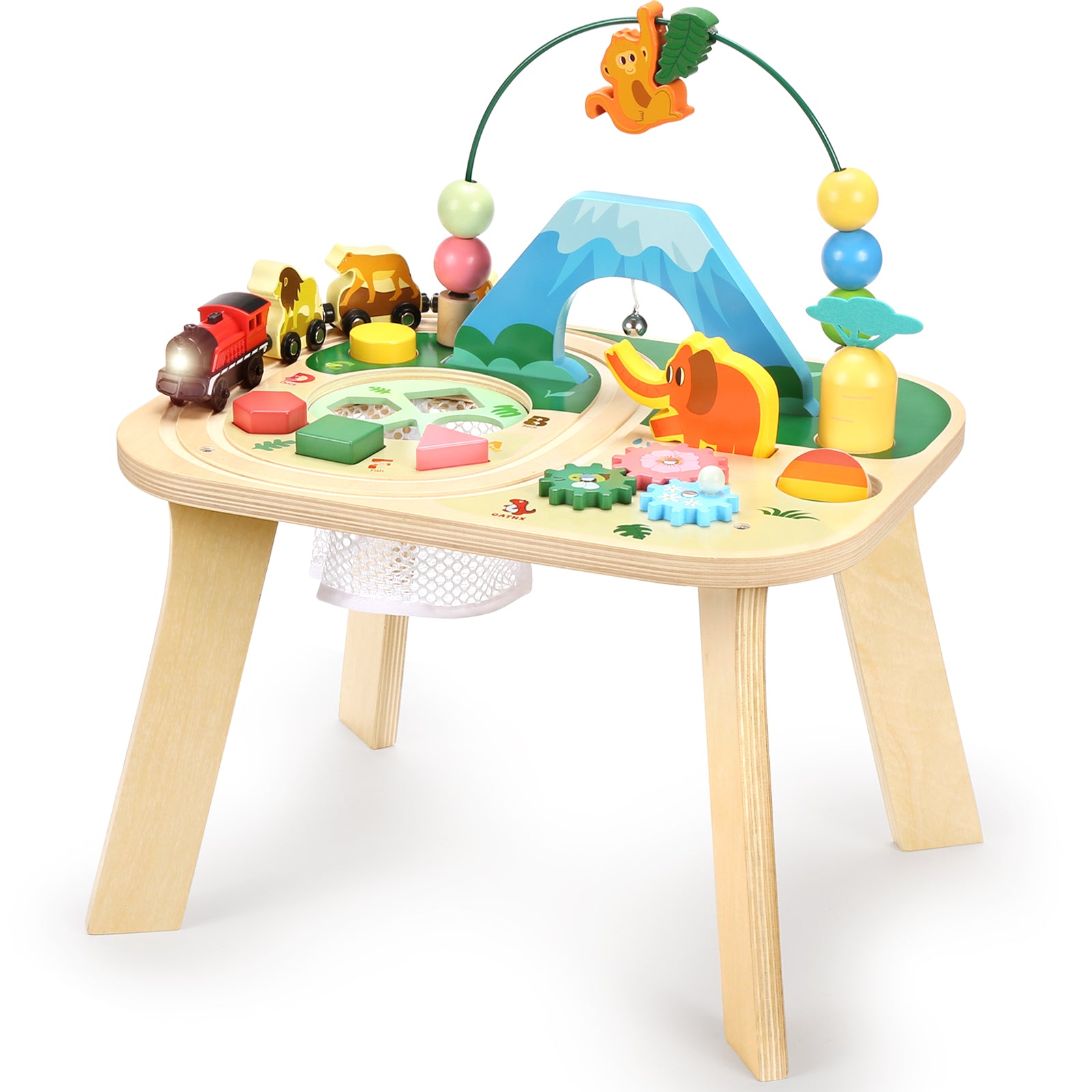 OATHX Toddler Activity Table Train Track Toy Bead Maze Wooden Montessori Learn Toys Kids Sensory Table for 1 Year