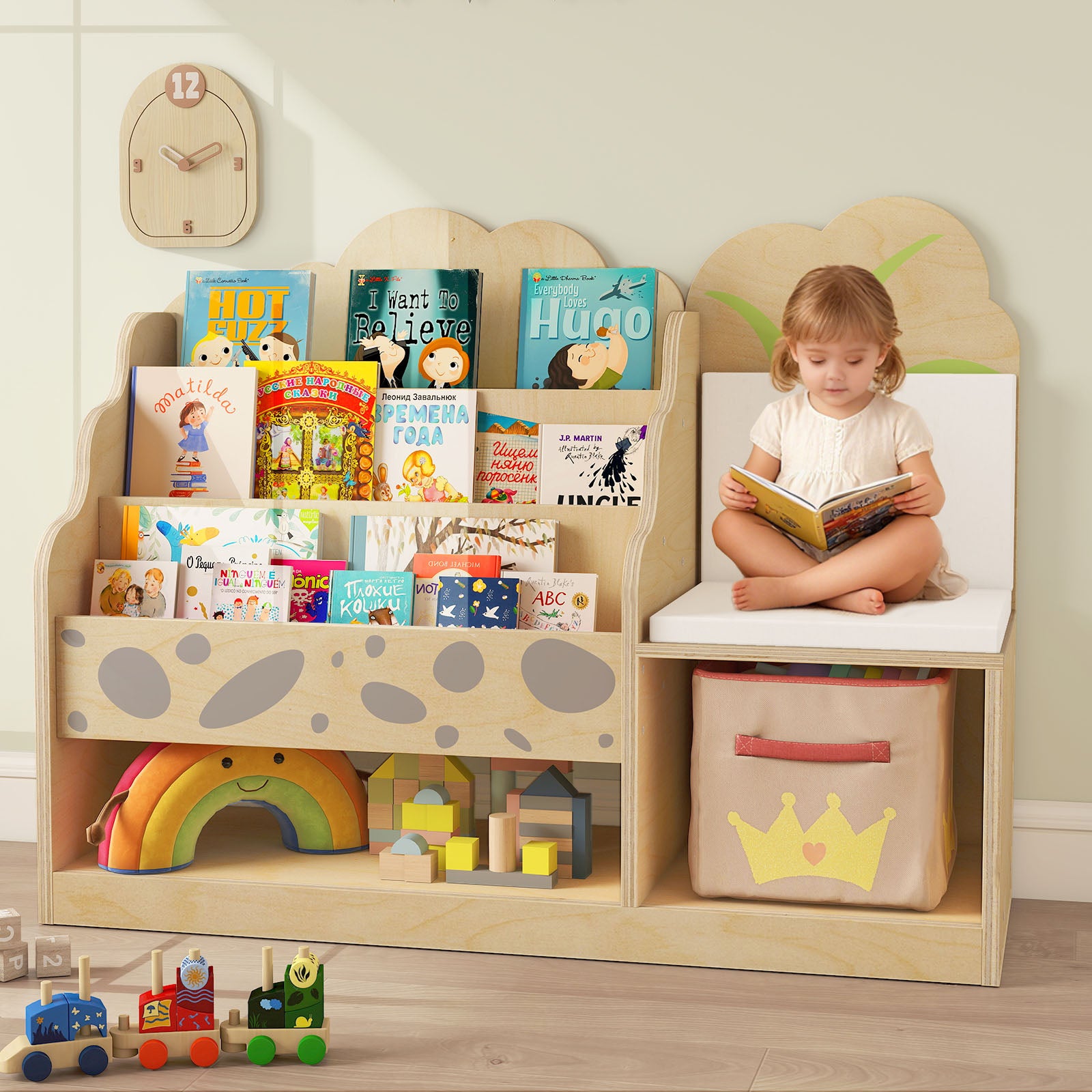 WINGYZ 4-in-1 Wooden 3-Tier Kids Bookshelf & Toy Storage with Reading Nook, Wide Cute Montessori Book Shelf for Kids Rooms Nursery Playroom Living Room Classroom Preschool Gift