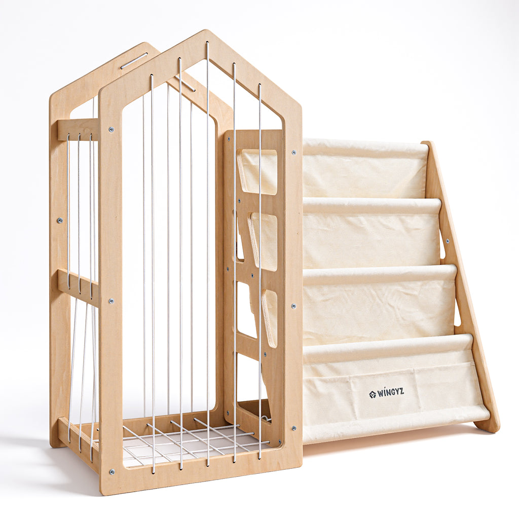wingyz Toy Storage Organizer and Kids Bookshelf, Baby Bookcase with 4-Tier Fabric Sling & Stuffed Animal Storage, Wooden Montessori Book Shelf for Kids Room, Classroom, Playroom & Nursery