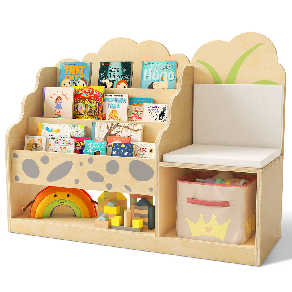 WINGYZ 4-in-1 Wooden 3-Tier Kids Bookshelf & Toy Storage with Reading Nook, Wide Cute Montessori Book Shelf for Kids Rooms Nursery Playroom Living Room Classroom Preschool Gift