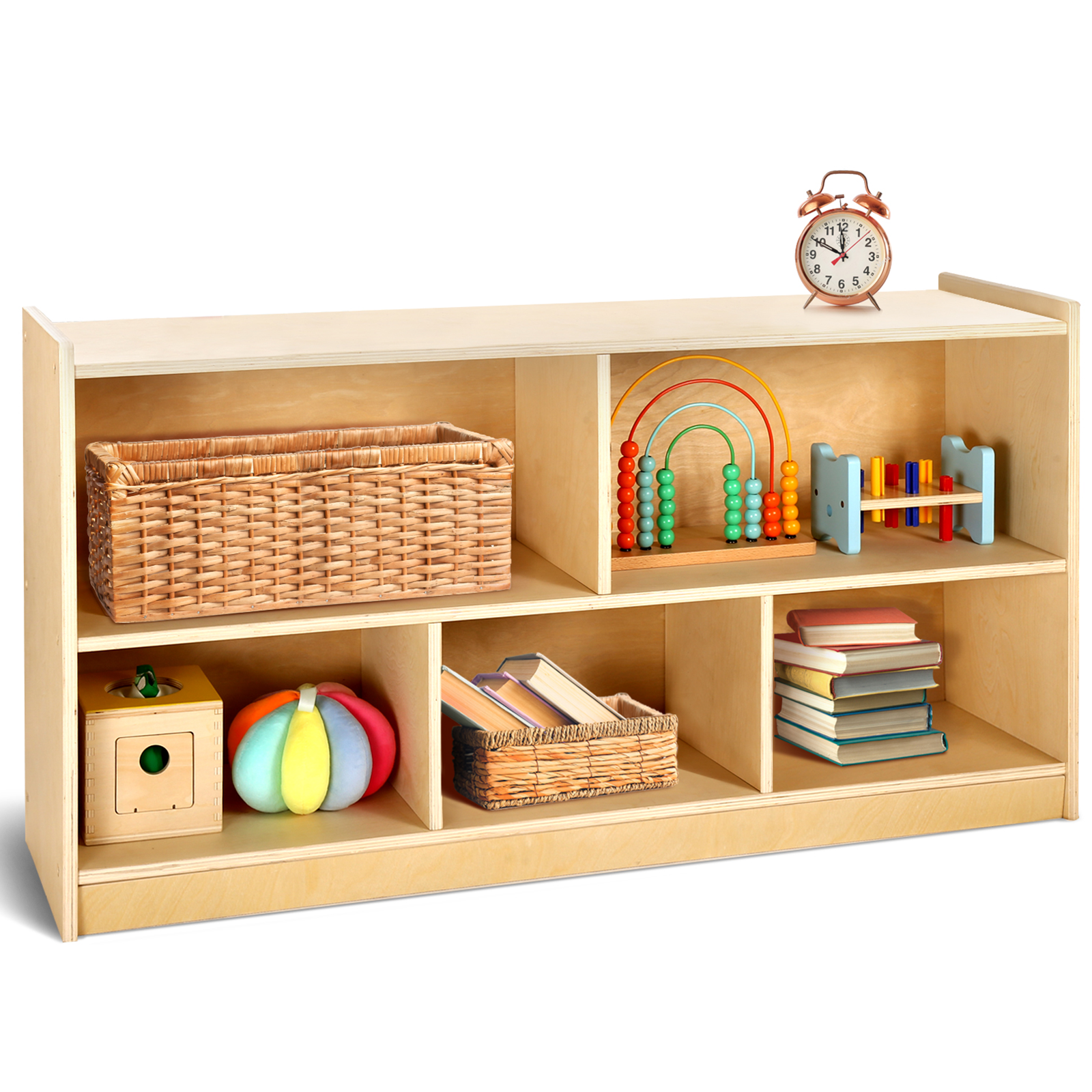 Sweet Time Wooden Storage Cabinet Montessori Bookshelf 5-Section Kids Toy Organizer Book Shelf Living Rooms Nursery Classroom 