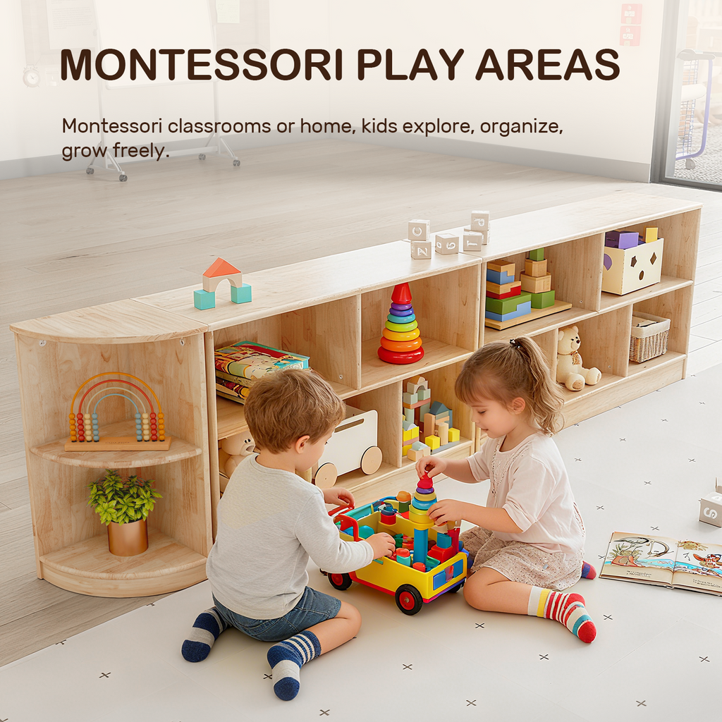 Kids Bookshelf and Toy Storage Rubber Wood 5 Cube Storage Organizer, 35.4" L Montessori Book Shelf For Kids Rooms Classroom Nursery Daycare