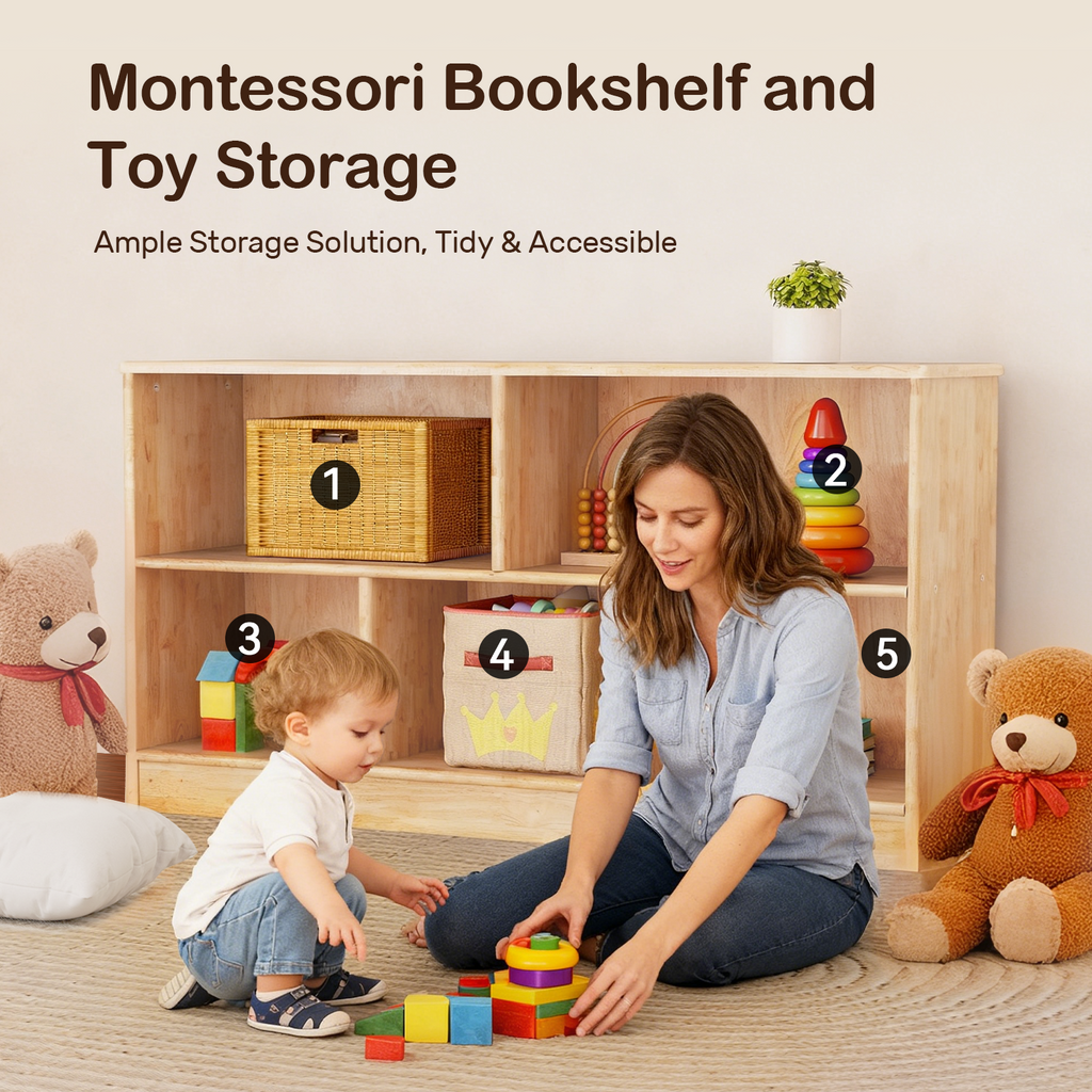 Kids Bookshelf and Toy Storage Rubber Wood 5 Cube Storage Organizer, 35.4" L Montessori Book Shelf For Kids Rooms Classroom Nursery Daycare