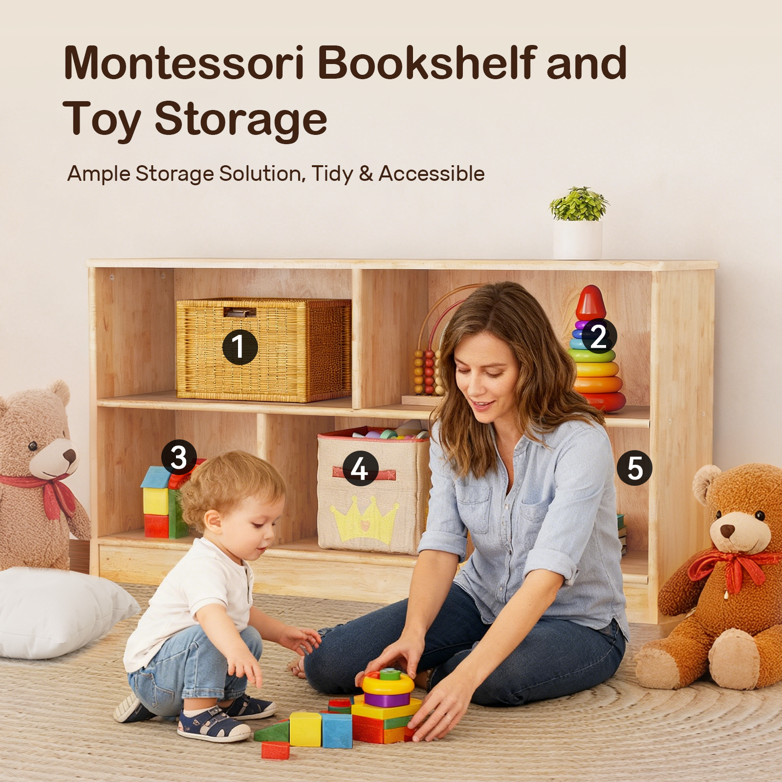 Kids Bookshelf and Toy Storage Rubber Wood 5 Cube Storage Organizer, 35.4" L Montessori Book Shelf For Kids Rooms Classroom Nursery Daycare