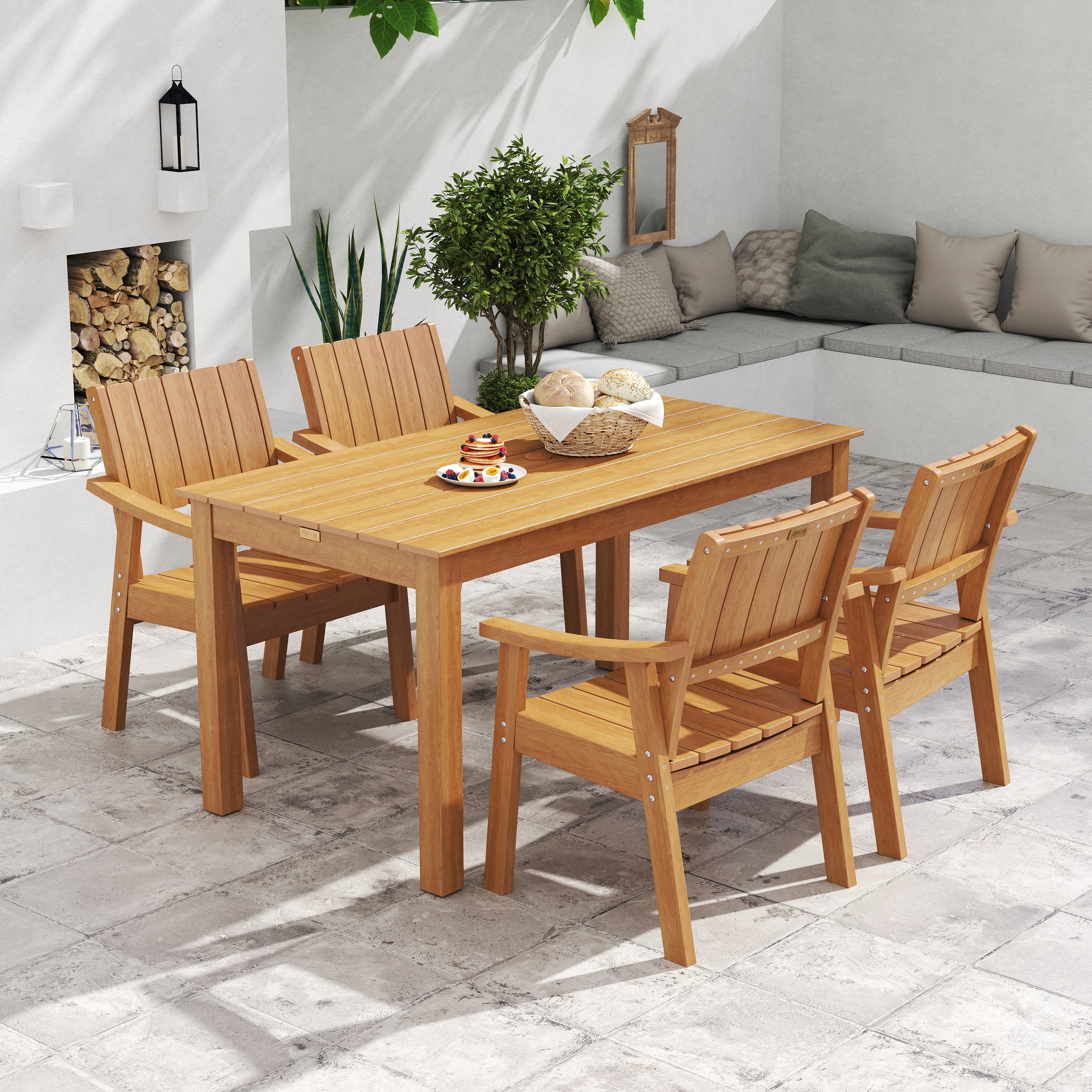 Wingyz Dining Table Set for 4 with Chairs,5 Piece Outdoor Furniture for Weather Patio Lawn Garden Backyard,Wood Color