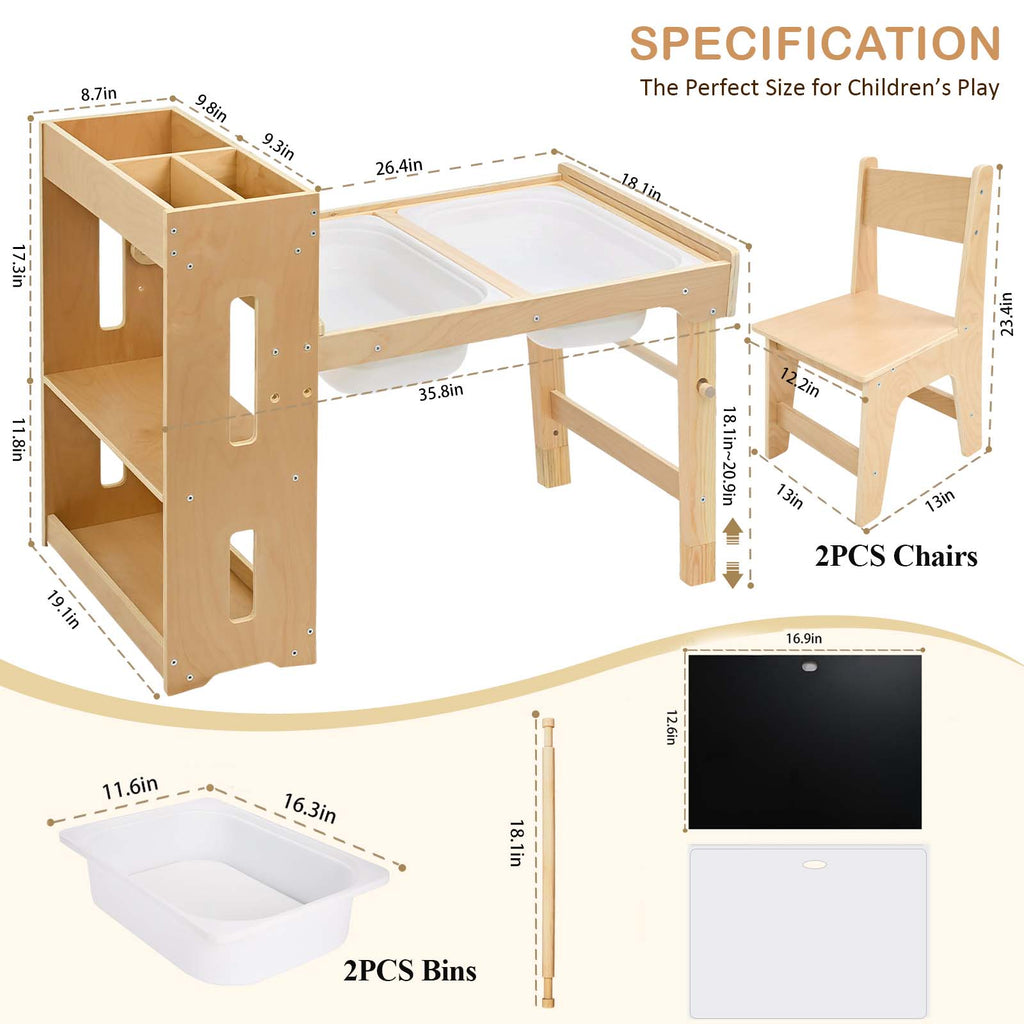 Toddler Sensory Table with Storage Shelves, Adjustable Height Kids Art Table with Chairs and Storage Bins, Wooden Activity Desk with Paper Roll Perfect for Children 1-6 Years