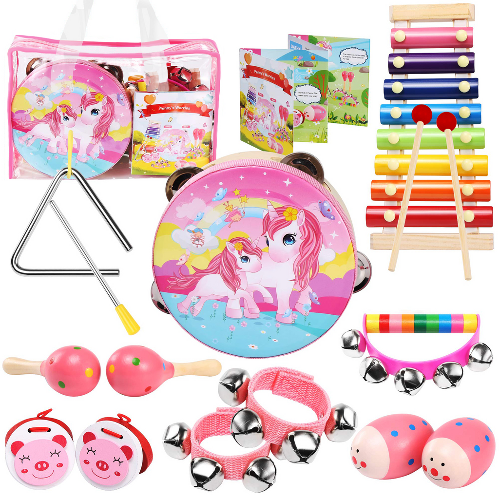 OATHX Music Toys Toddler Learning Toy 12-Piece Wooden Montessori Musical Instrument Set for Kid
