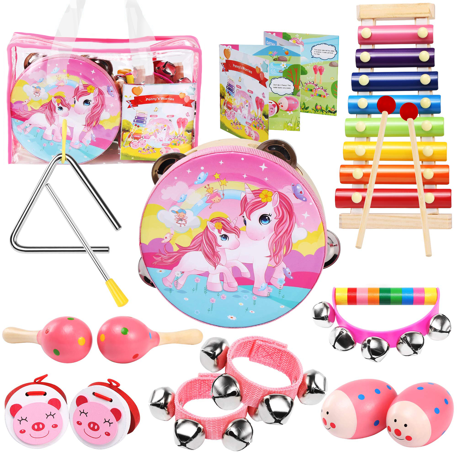 OATHX Music Toys Toddler Learning Toy 12-Piece Wooden Montessori Musical Instrument Set for Kid