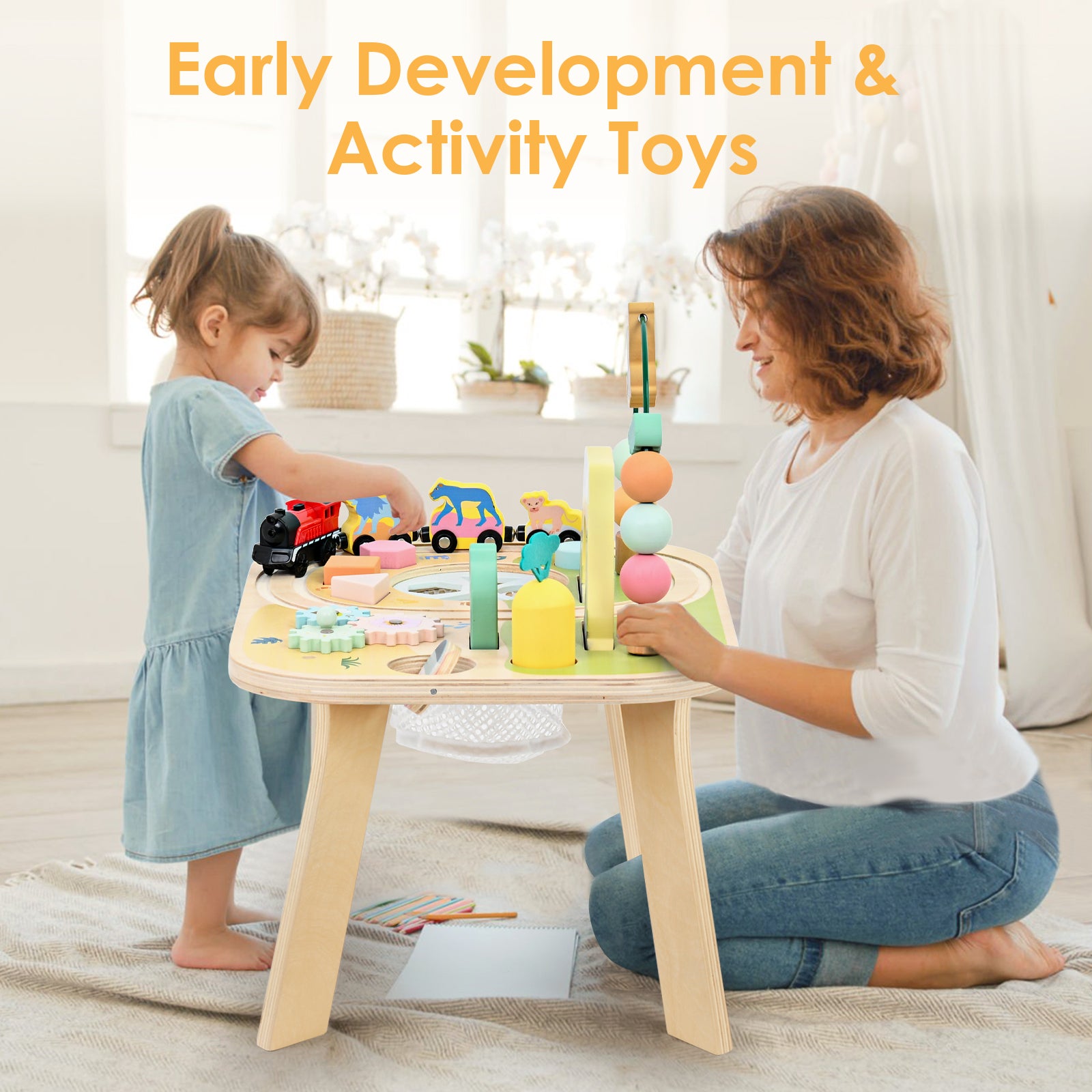 OATHX Toy Bead Maze Train Track Toddler Activity Table Wood Montessori Baby Sensory Learn Toy Child 1-5 Year