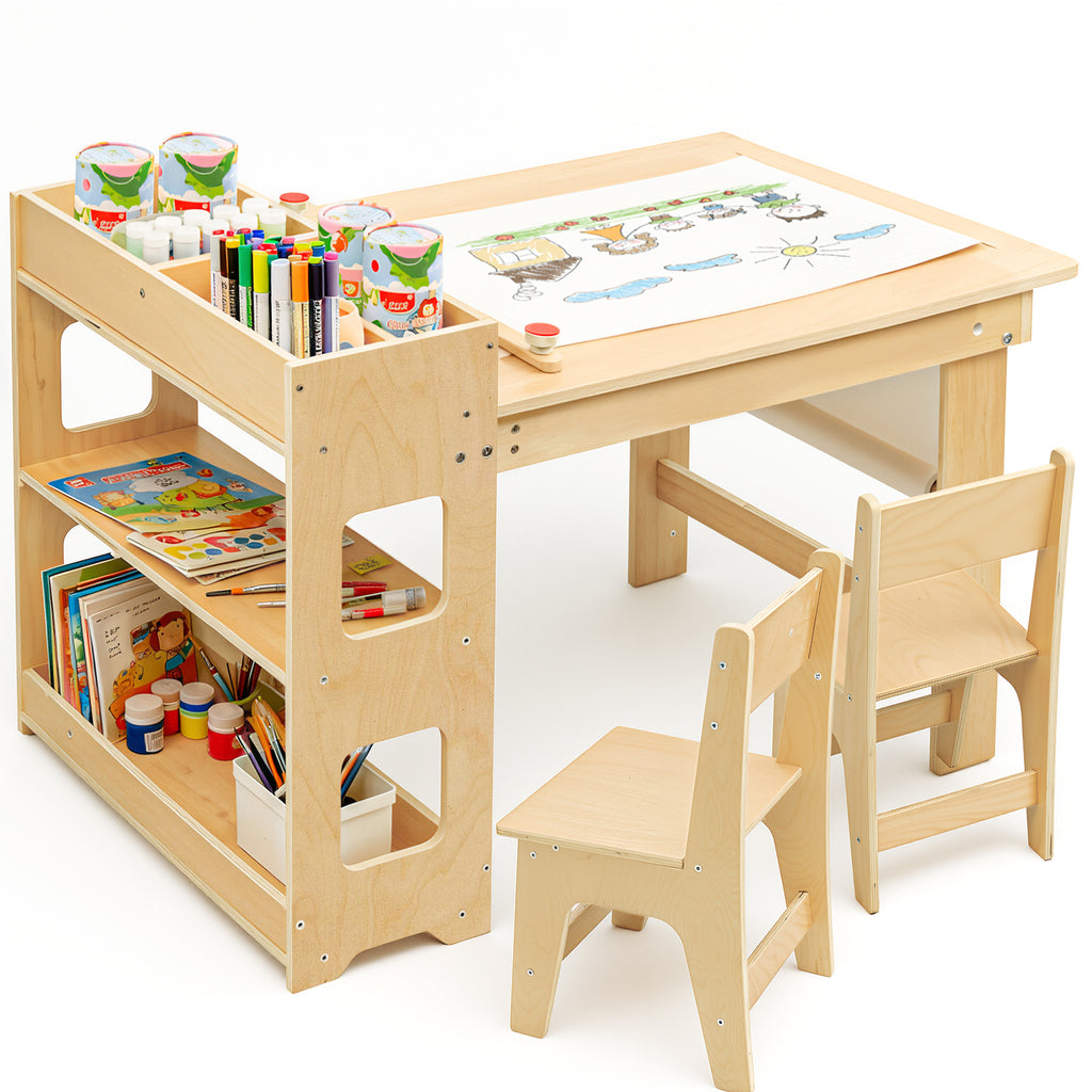 Kids Art Table with 2 Chairs,Children Activity Table with Storage Shelves,Wooden Desk with Paper Roll for Drawing Playrooms Daycare Classroom