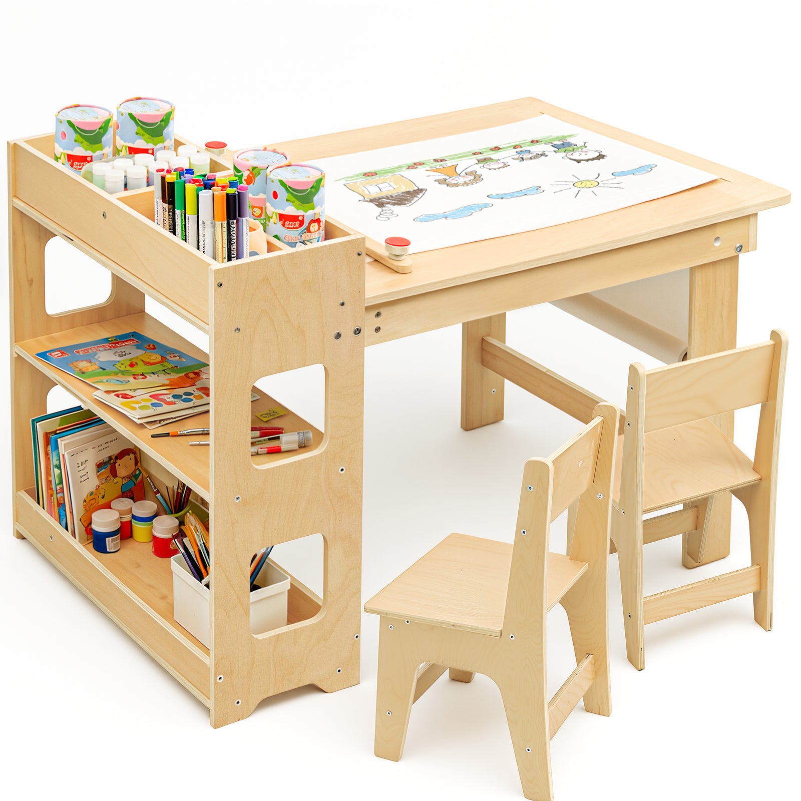 Kids Art Table with 2 Chairs,Children Activity Table with Storage Shelves,Wooden Desk with Paper Roll for Drawing Playrooms Daycare Classroom