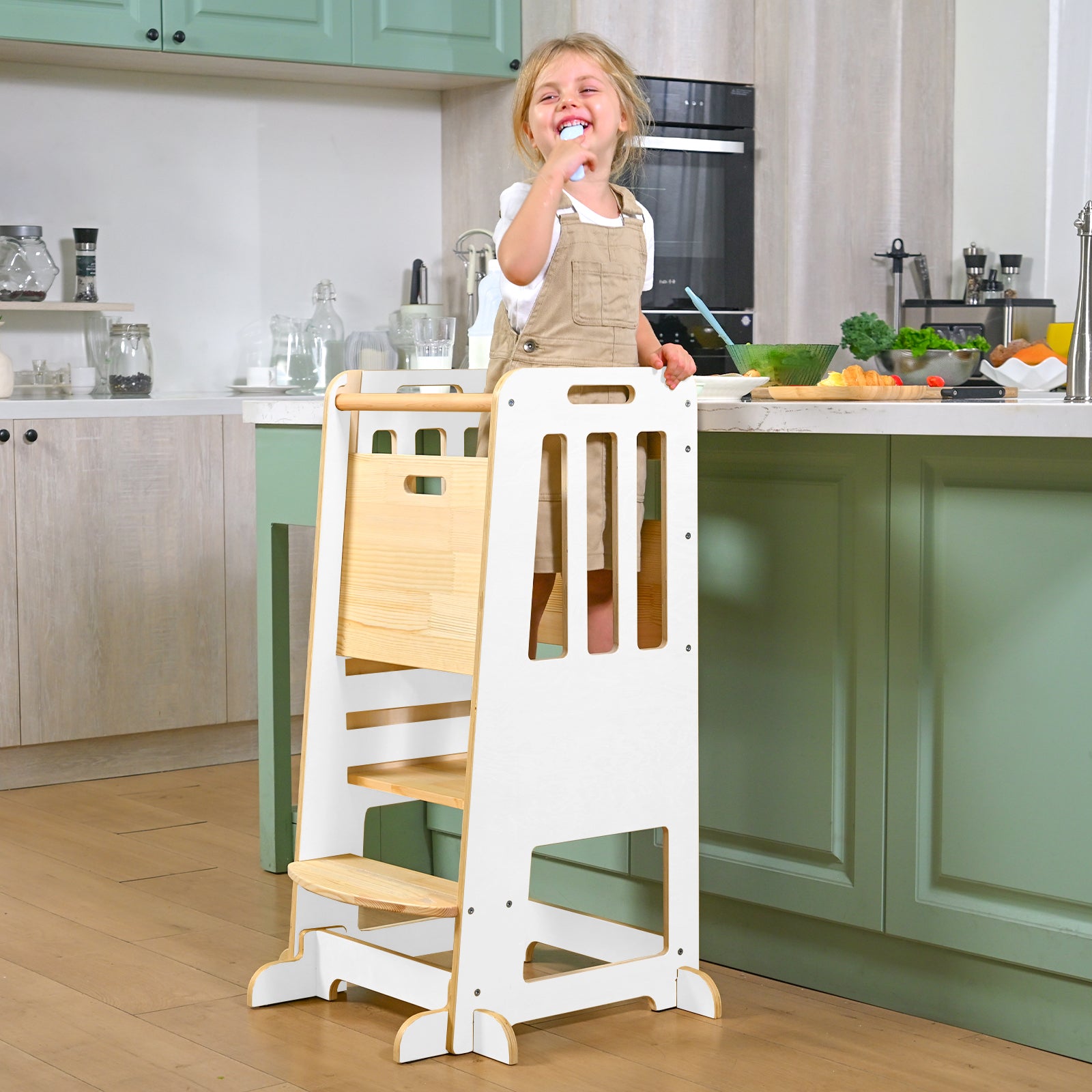 Sweet Time Toddler Standing Tower, Kids Kitchen Stool Helper 3 Levels Adjustable Height Wooden Toddler Step Stools for Learning New Skills