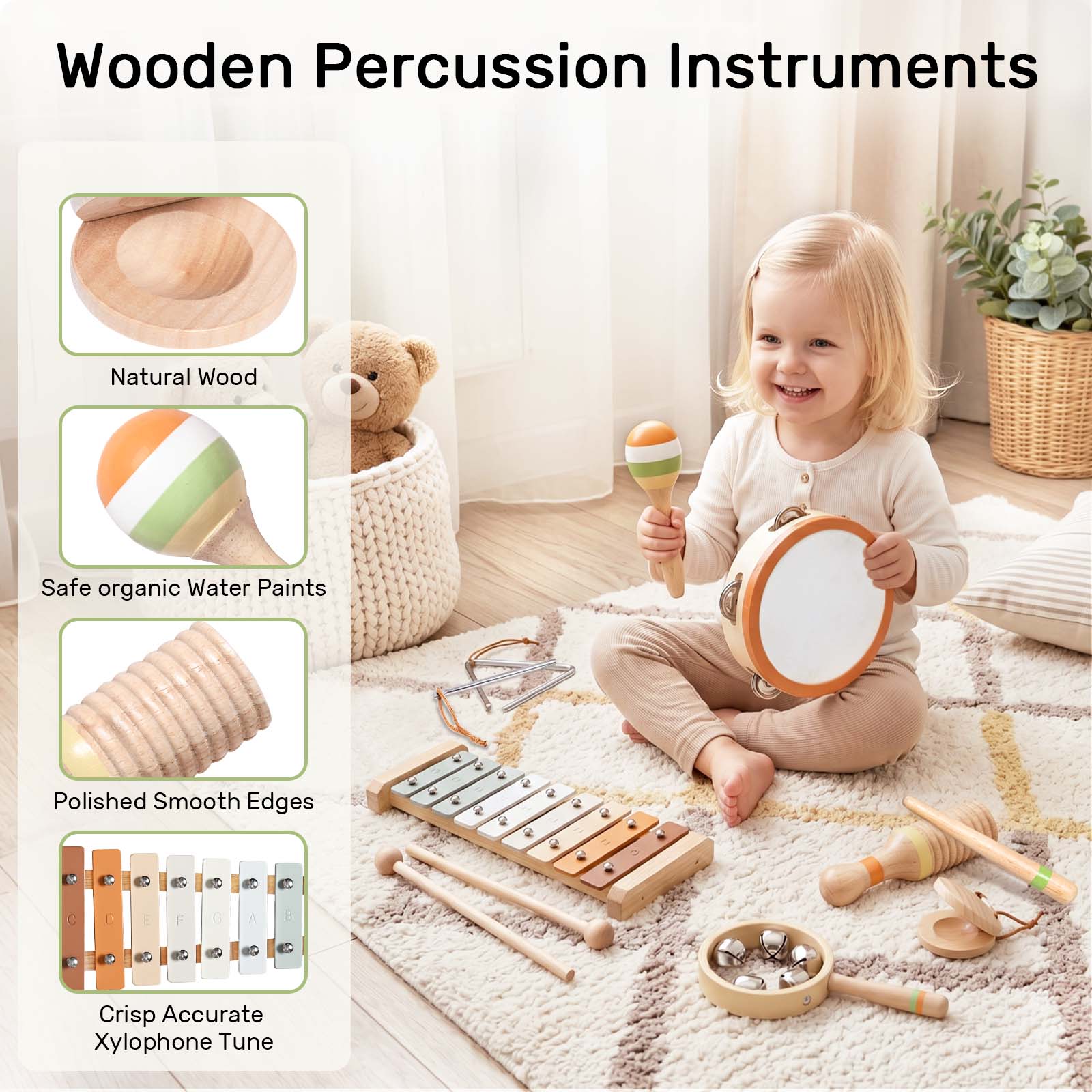 OATHX Baby Music Toys Wooden Xylophone tambourine Set Educational Toy Musical Instruments for Kids, Toddler Birthday
