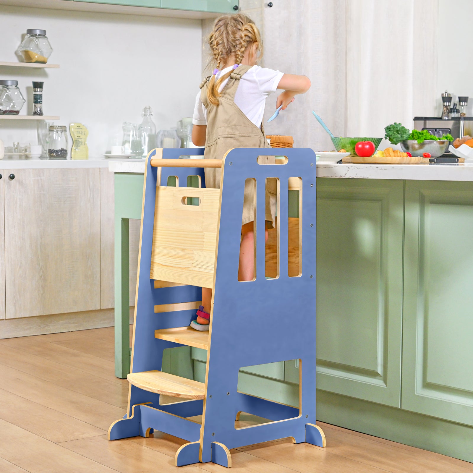 Sweet Time Toddler Standing Tower, Kids Kitchen Stool Helper 3 Levels Adjustable Height Wooden Toddler Step Stools for Learning New Skills