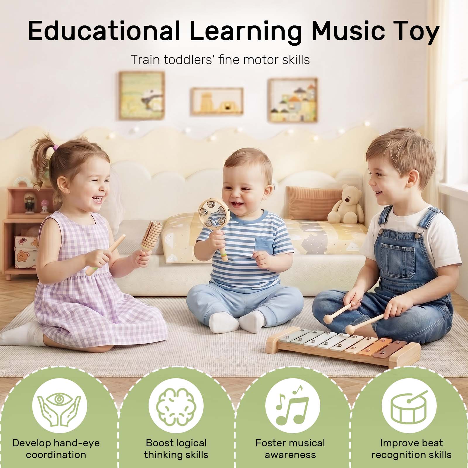 OATHX Baby Music Toys Wooden Xylophone tambourine Set Educational Toy Musical Instruments for Kids, Toddler Birthday