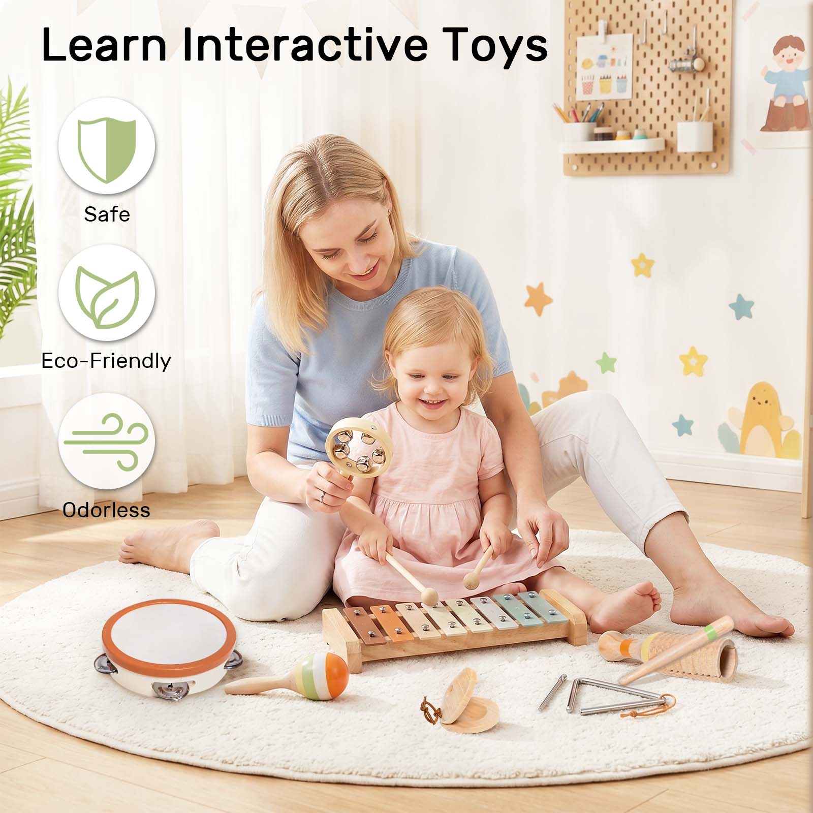 OATHX Baby Music Toys Wooden Xylophone tambourine Set Educational Toy Musical Instruments for Kids, Toddler Birthday
