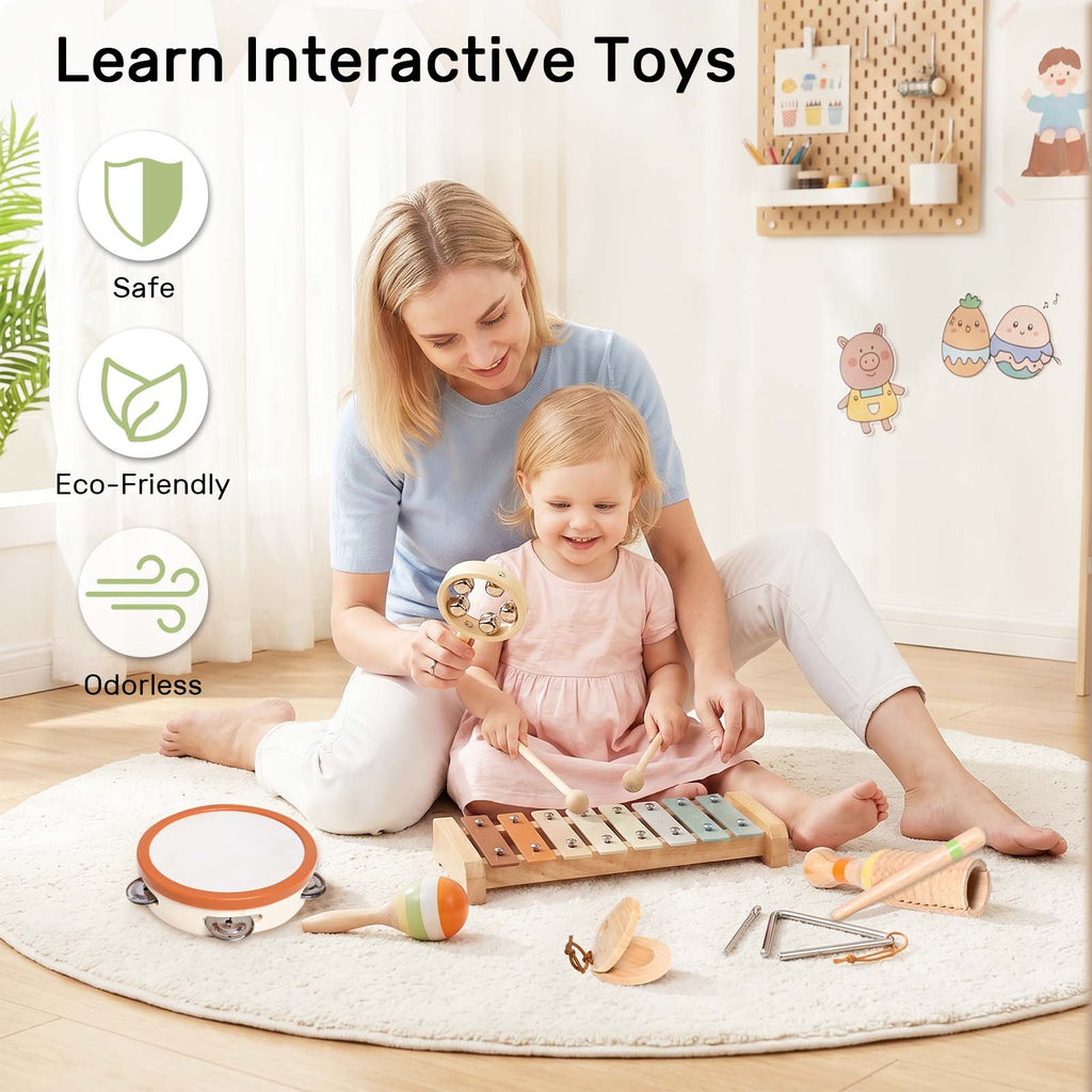 OATHX Baby Music Toys Wooden Xylophone tambourine Set Educational Toy Musical Instruments for Kids, Toddler Birthday