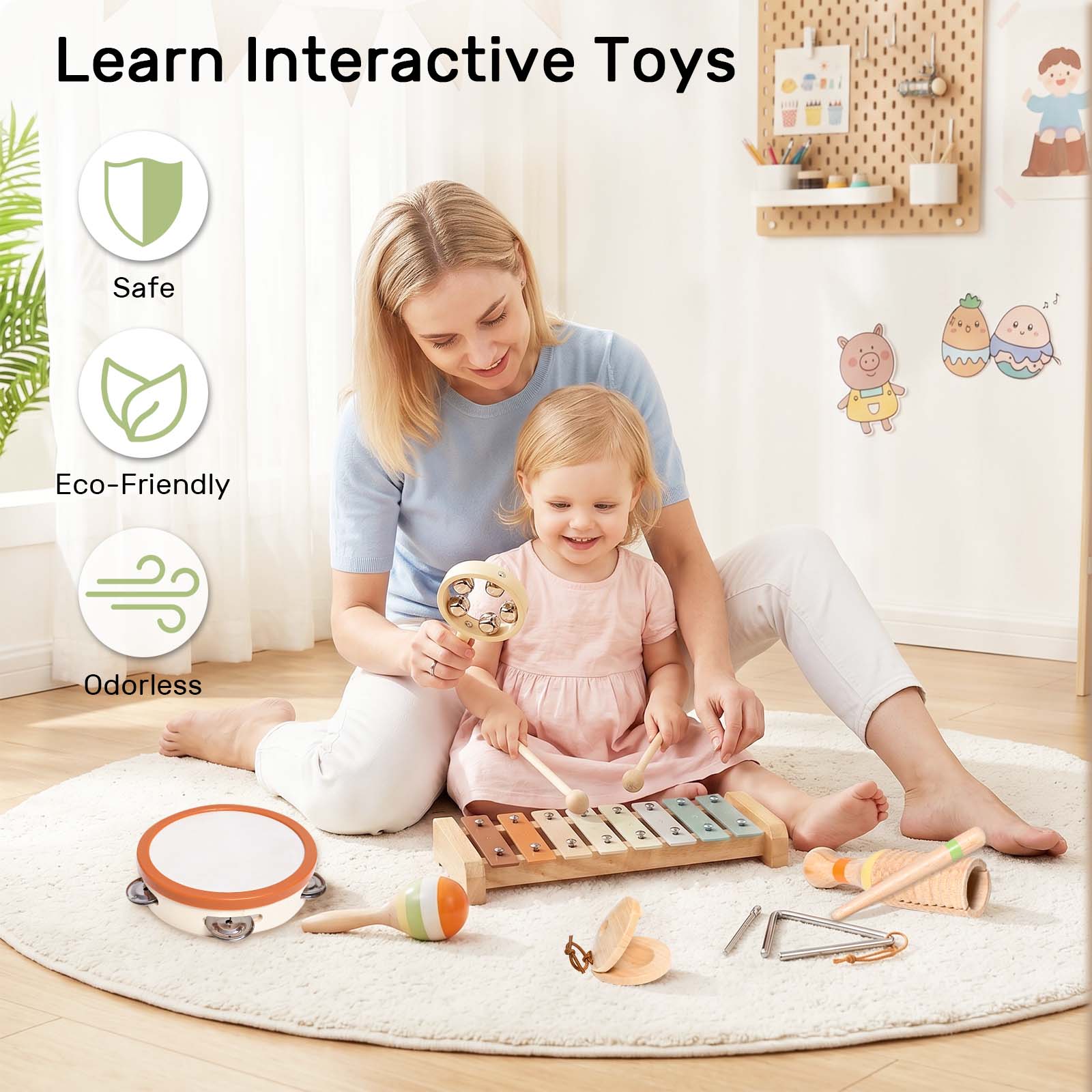 OATHX Baby Music Toys Wooden Xylophone tambourine Set Educational Toy Musical Instruments for Kids, Toddler Birthday