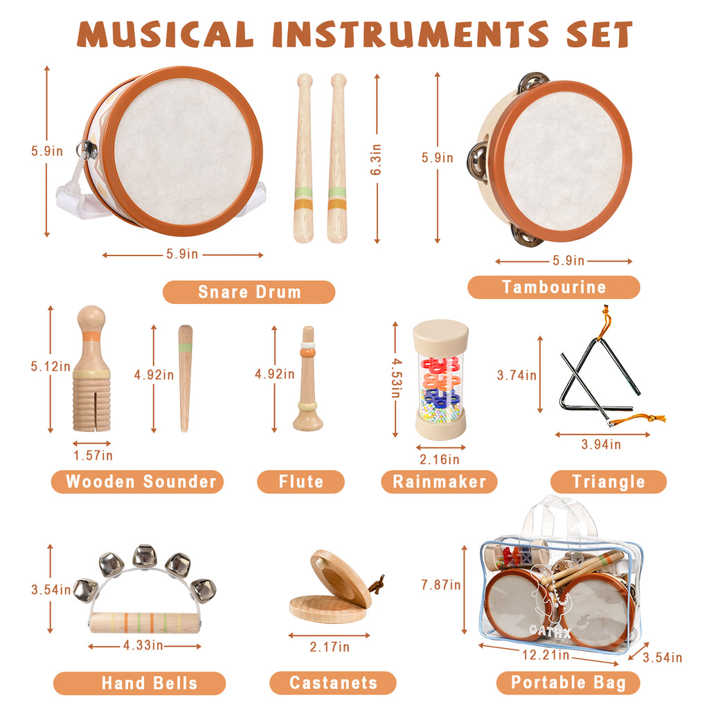 OATHX Kids Drum Set Tambourine Maracas Toy Drum Baby Music Kit Wood Musical Instruments for Toddler
