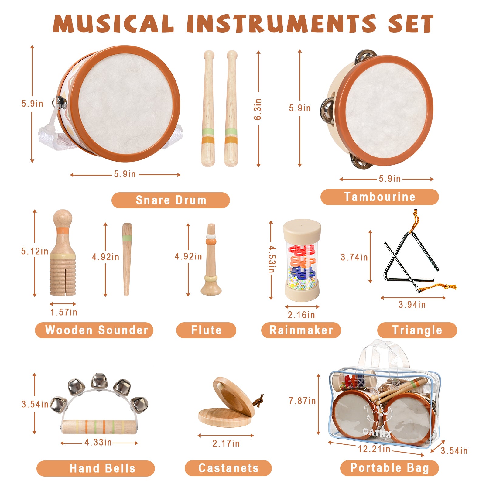 OATHX Kids Drum Set Tambourine Maracas Toy Drum Baby Music Kit Wood Musical Instruments for Toddler