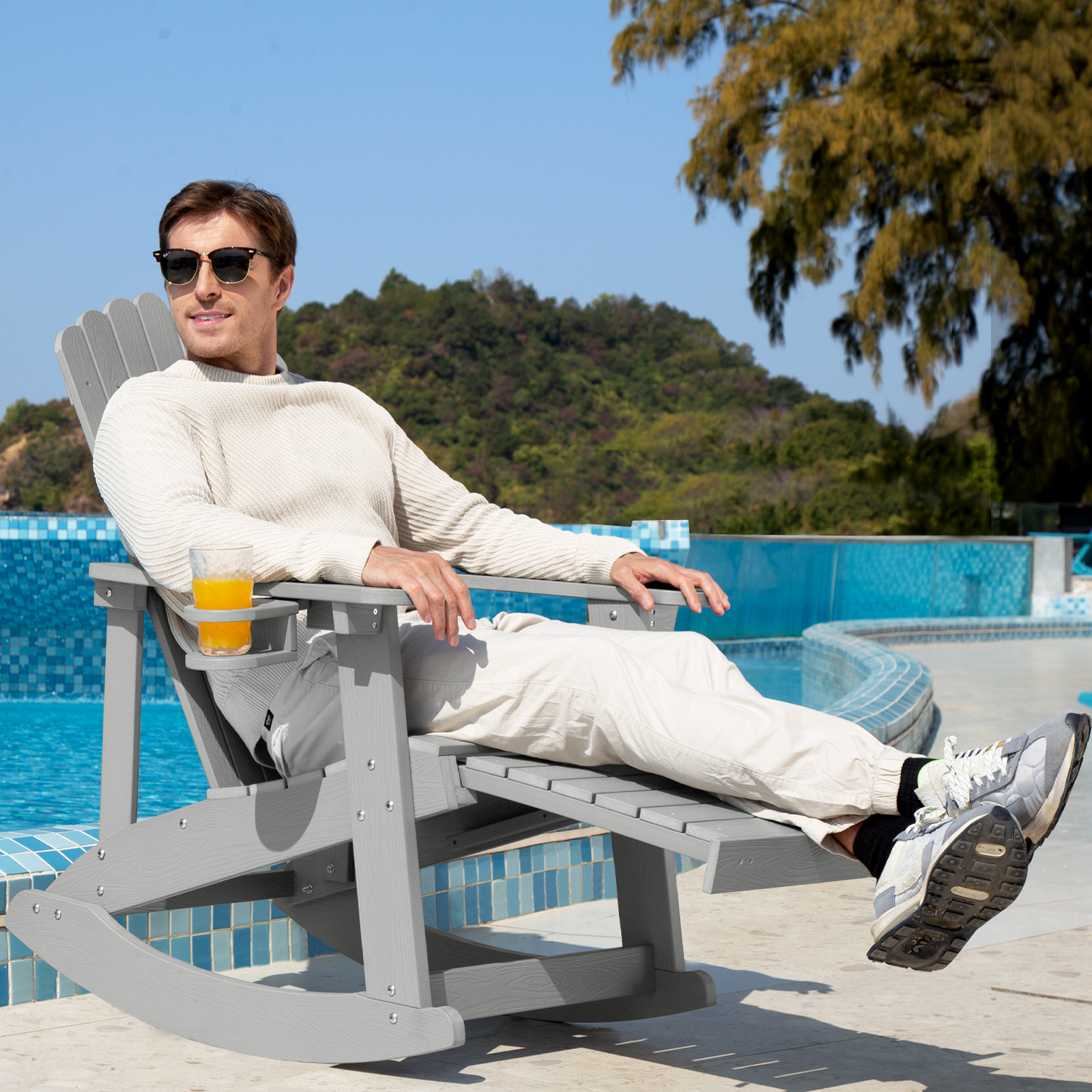 Wingyz Outdoor Rocking Chair with Ottoman and Cup Holders Patio Adirondack Chairs for Porch Garden