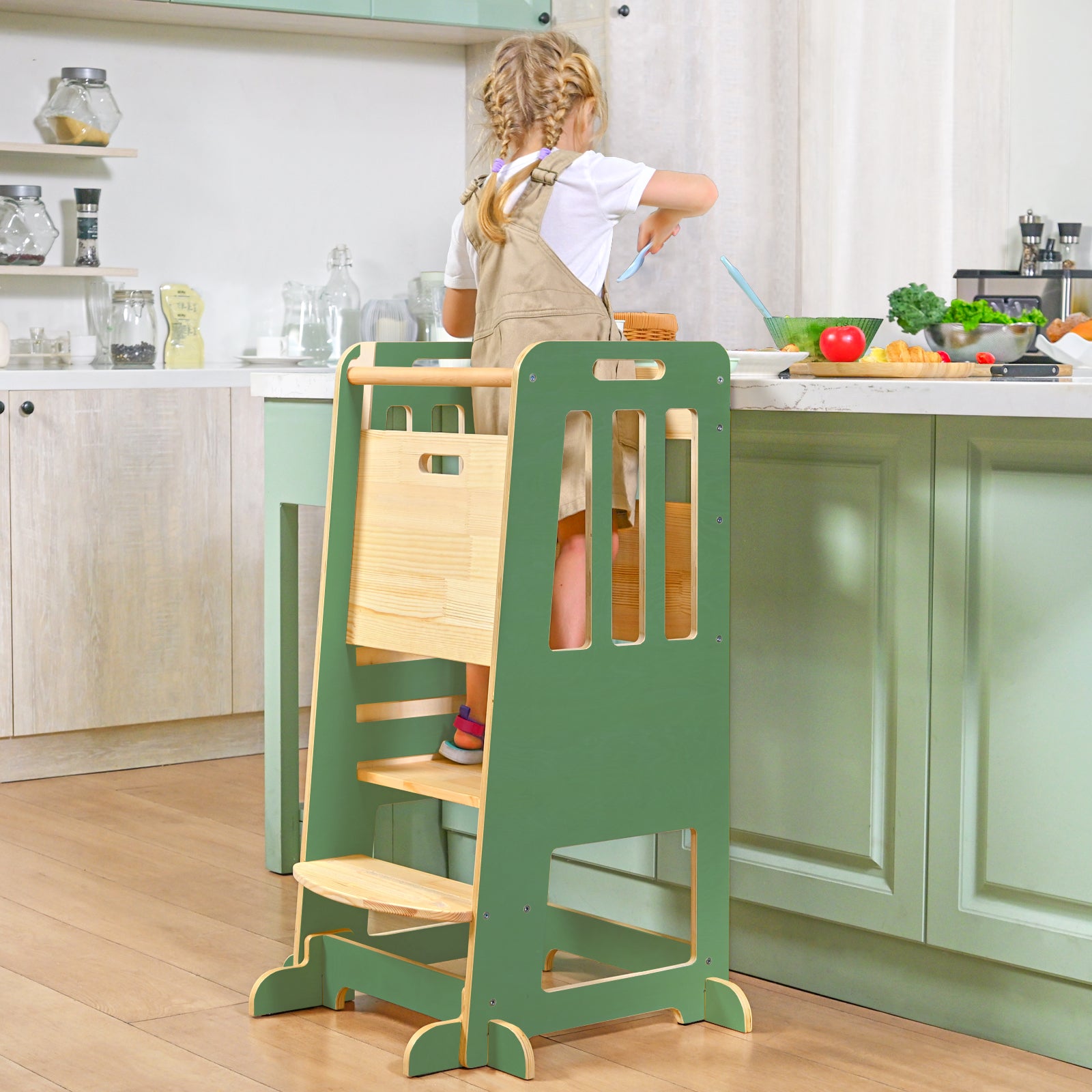 Sweet Time Toddler Standing Tower, Kids Kitchen Stool Helper 3 Levels Adjustable Height Wooden Toddler Step Stools for Learning New Skills