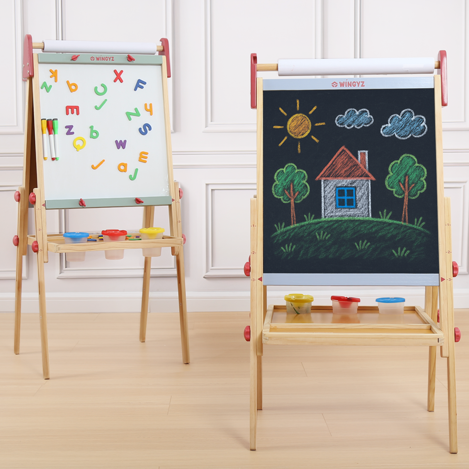 Sweet Time Kids Easel with Paper Roll, Adjustable Magnetic Whiteboard & Chalkboard Drawing Board, Wooden Children Art Stand for 3~12 Years