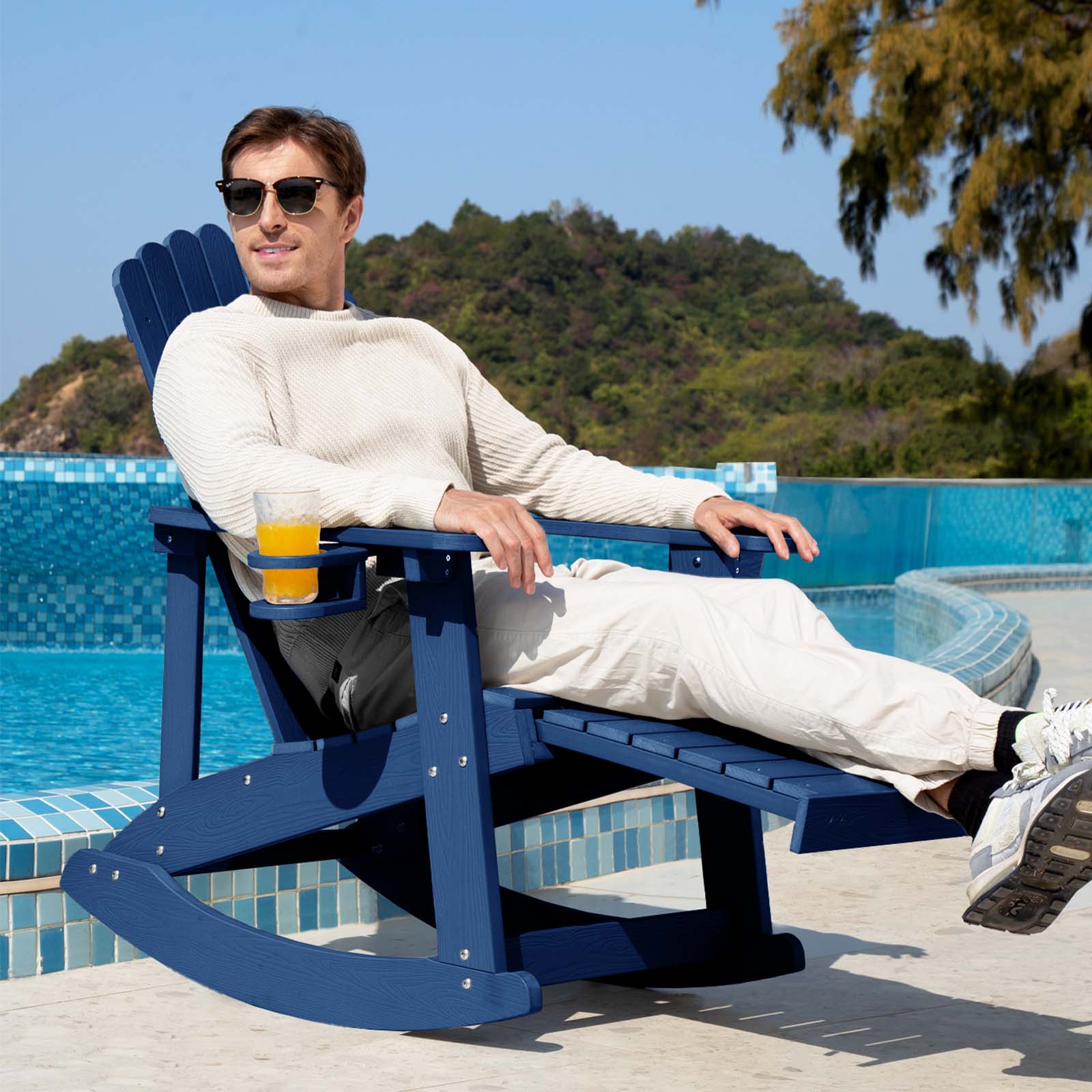 Wingyz Outdoor Rocking Chair with Ottoman and Cup Holders Patio Adirondack Chairs for Porch Garden