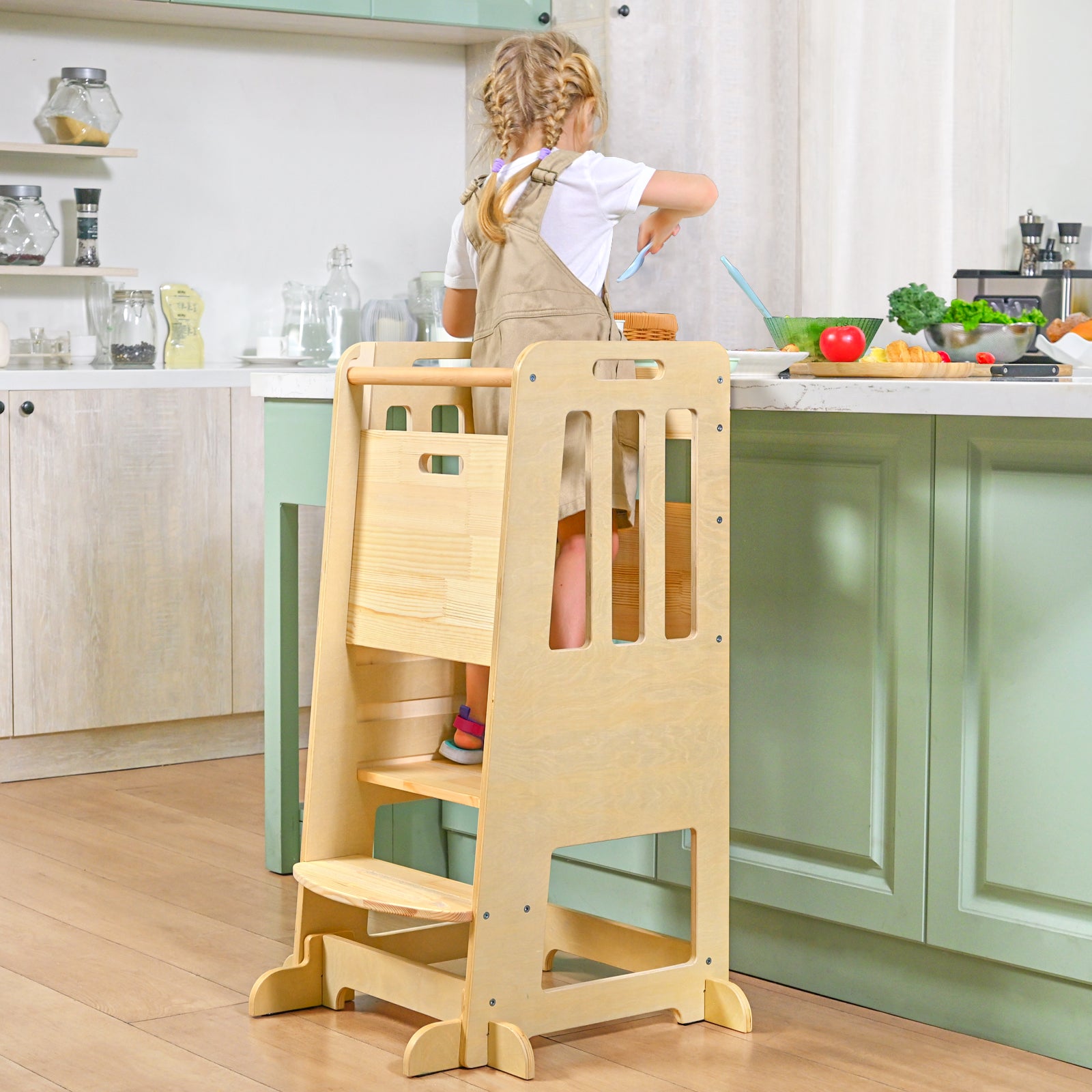 Sweet Time Toddler Standing Tower, Kids Kitchen Stool Helper 3 Levels Adjustable Height Wooden Toddler Step Stools for Learning New Skills