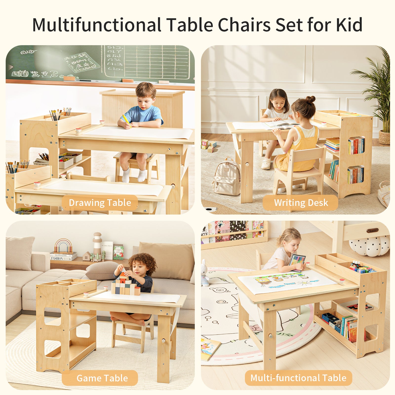 Kids Art Table with 2 Chairs,Children Activity Table with Storage Shelves,Wooden Desk with Paper Roll for Drawing Playrooms Daycare Classroom