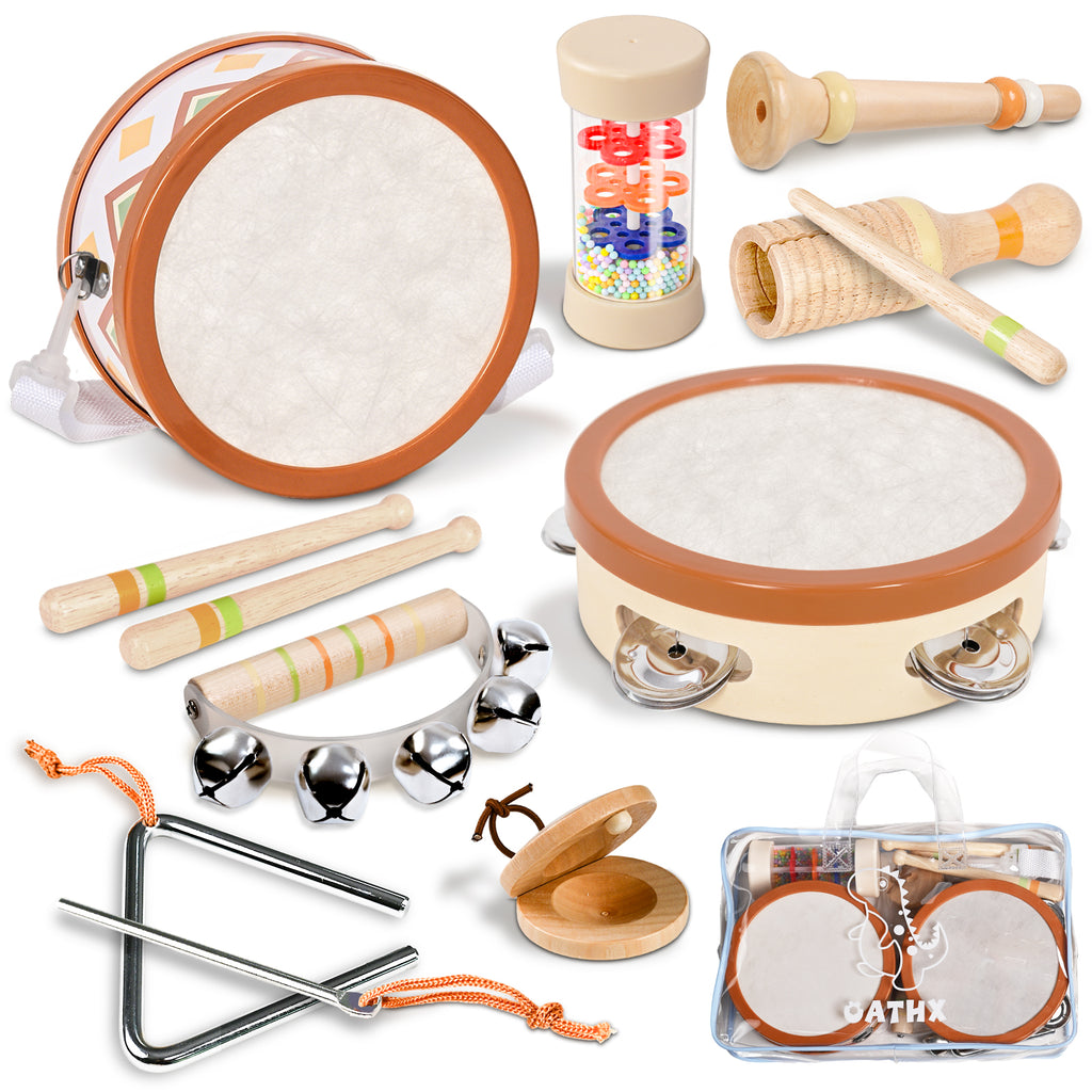 OATHX Kids Drum Set Tambourine Maracas Toy Drum Baby Music Kit Wood Musical Instruments for Toddler