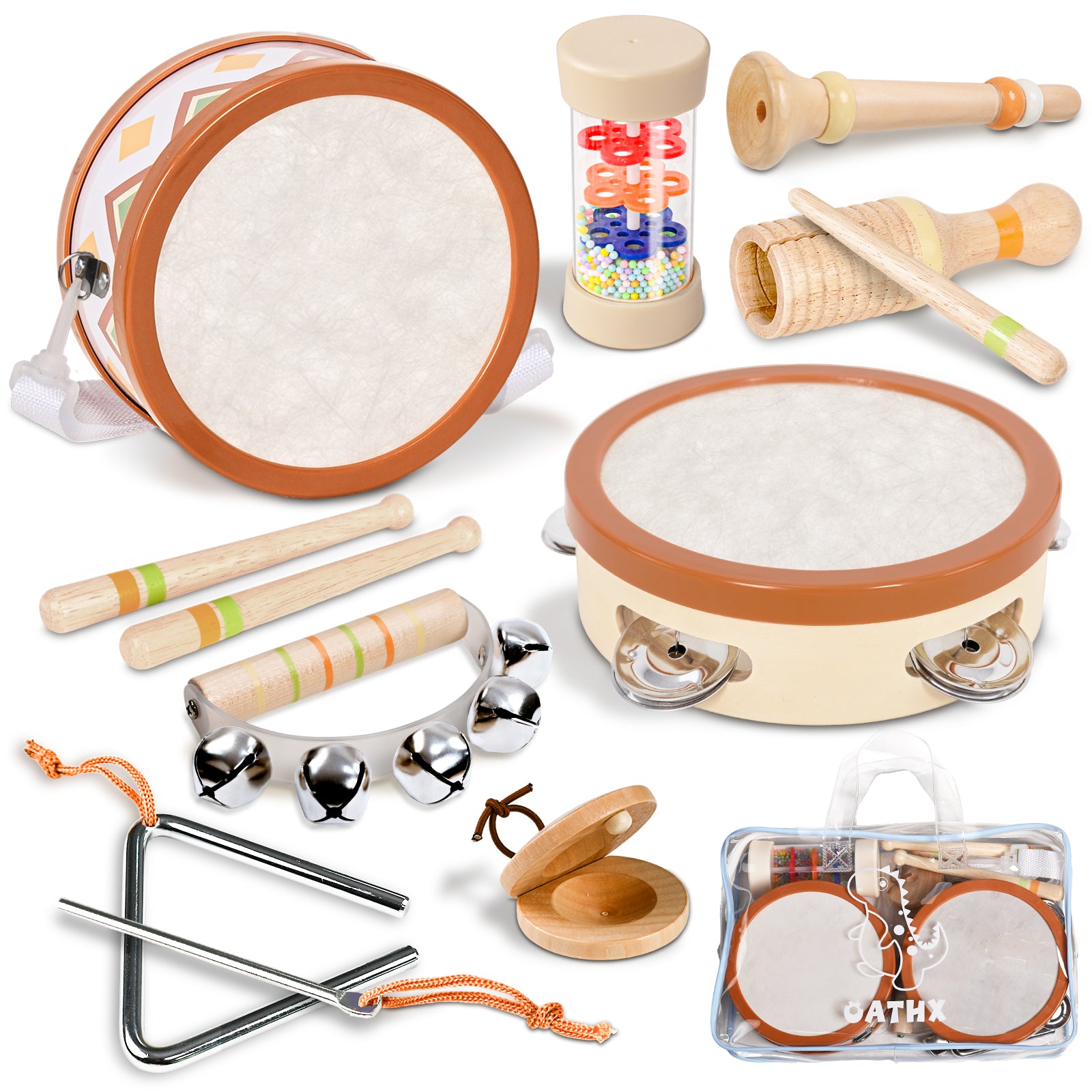 OATHX Kids Drum Set Tambourine Maracas Toy Drum Baby Music Kit Wood Musical Instruments for Toddler