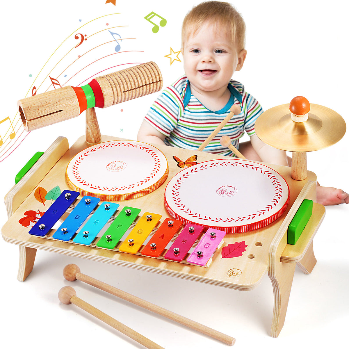 WINGYZ Kids Drum Set, 7-in-1 Wooden Music Instruments for Toddlers FSC Safe Montessori Toys, Low-Noise Musical Toys with Drums, Xylophone for Rhythm, Build Hand-Eye Coordination Gifts for Boys Girls
