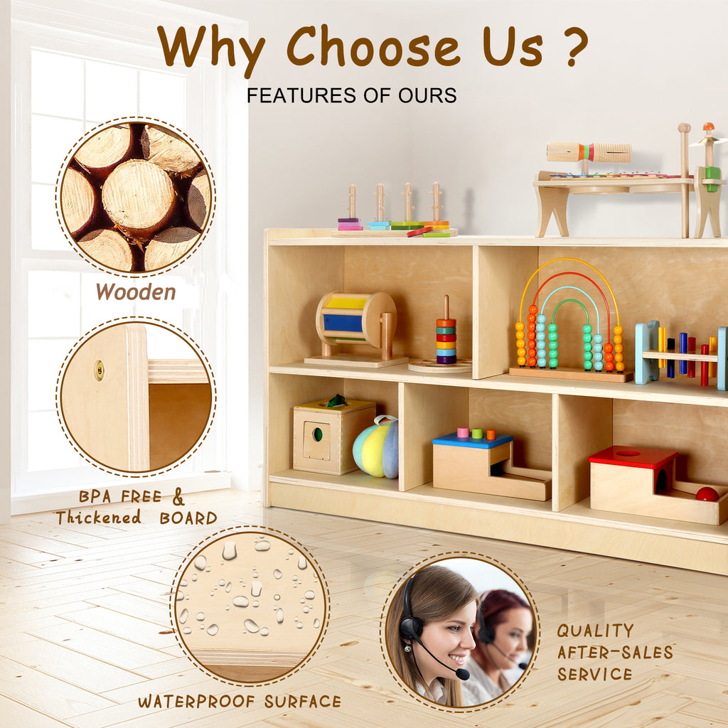 Sweet Time Wooden Storage Cabinet Montessori Bookshelf 5-Section Kids Toy Organizer Book Shelf Living Rooms Nursery Classroom 