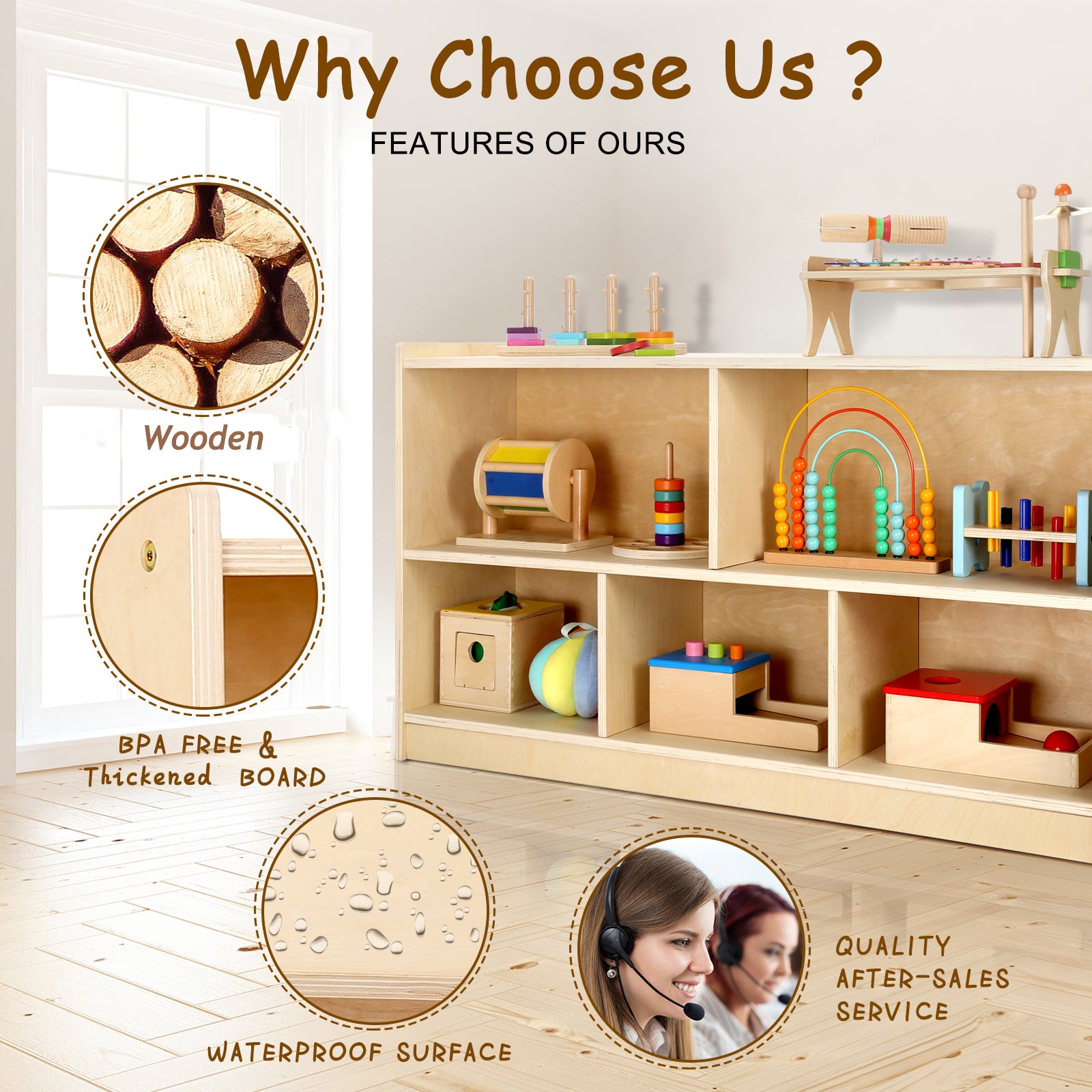 Sweet Time Wooden Storage Cabinet Montessori Bookshelf 5-Section Kids Toy Organizer Book Shelf Living Rooms Nursery Classroom 