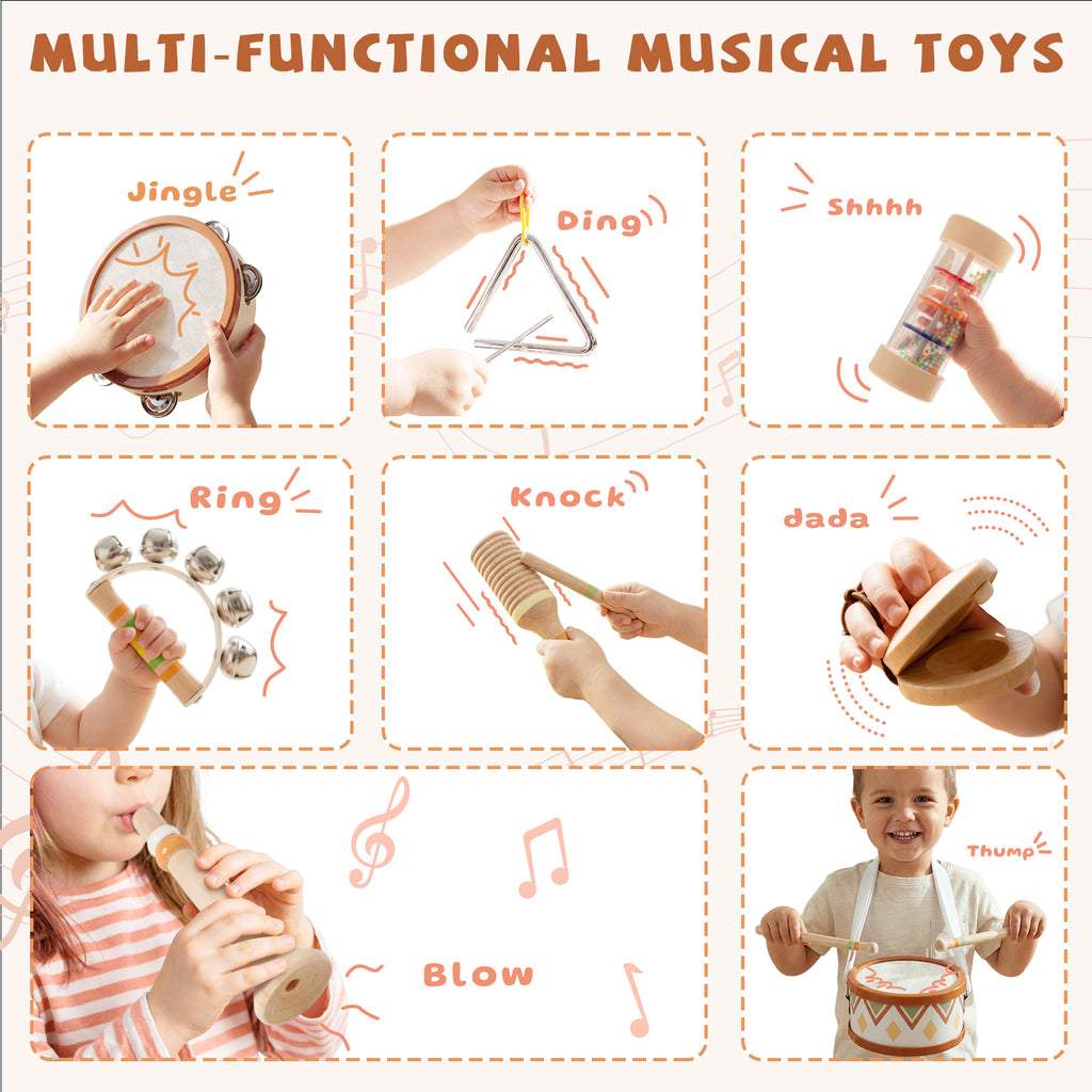 OATHX Kids Drum Set Tambourine Maracas Toy Drum Baby Music Kit Wood Musical Instruments for Toddler