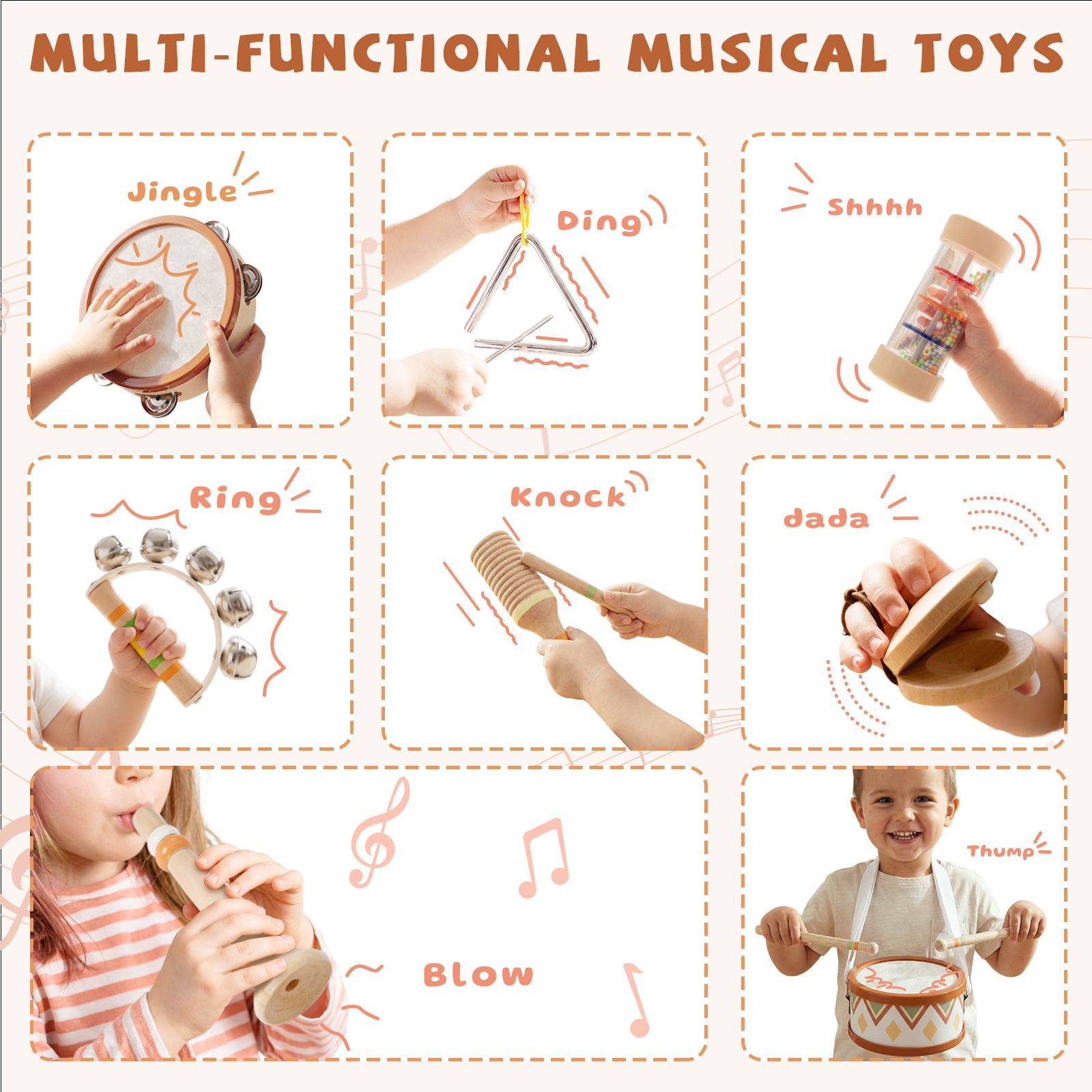 OATHX Kids Drum Set Tambourine Maracas Toy Drum Baby Music Kit Wood Musical Instruments for Toddler