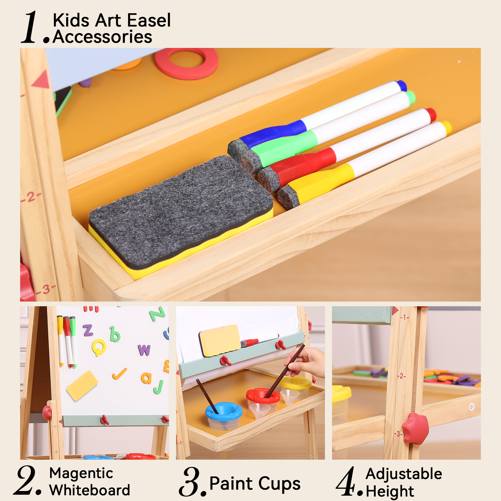 Sweet Time Kids Easel with Paper Roll, Adjustable Magnetic Whiteboard & Chalkboard Drawing Board, Wooden Children Art Stand for 3~12 Years