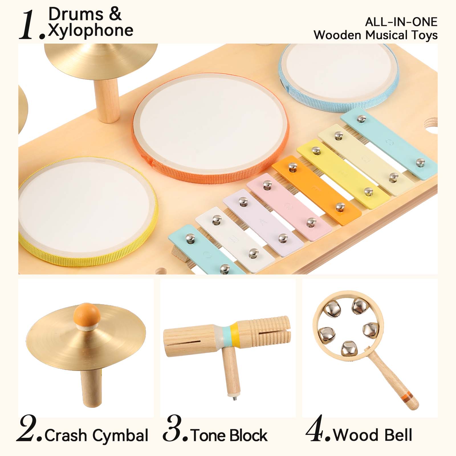 OATHX Kids Drum Set, Montessori Musical Instruments for Toddlers 1-3, Wooden Musical Toys for Baby, Preschool Educational Xylophone Drum Kit