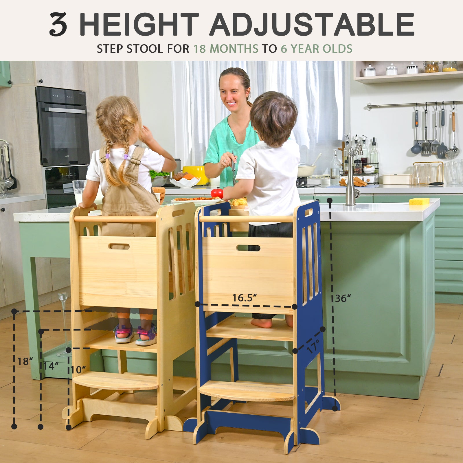Sweet Time Toddler Standing Tower, Kids Kitchen Stool Helper 3 Levels Adjustable Height Wooden Toddler Step Stools for Learning New Skills